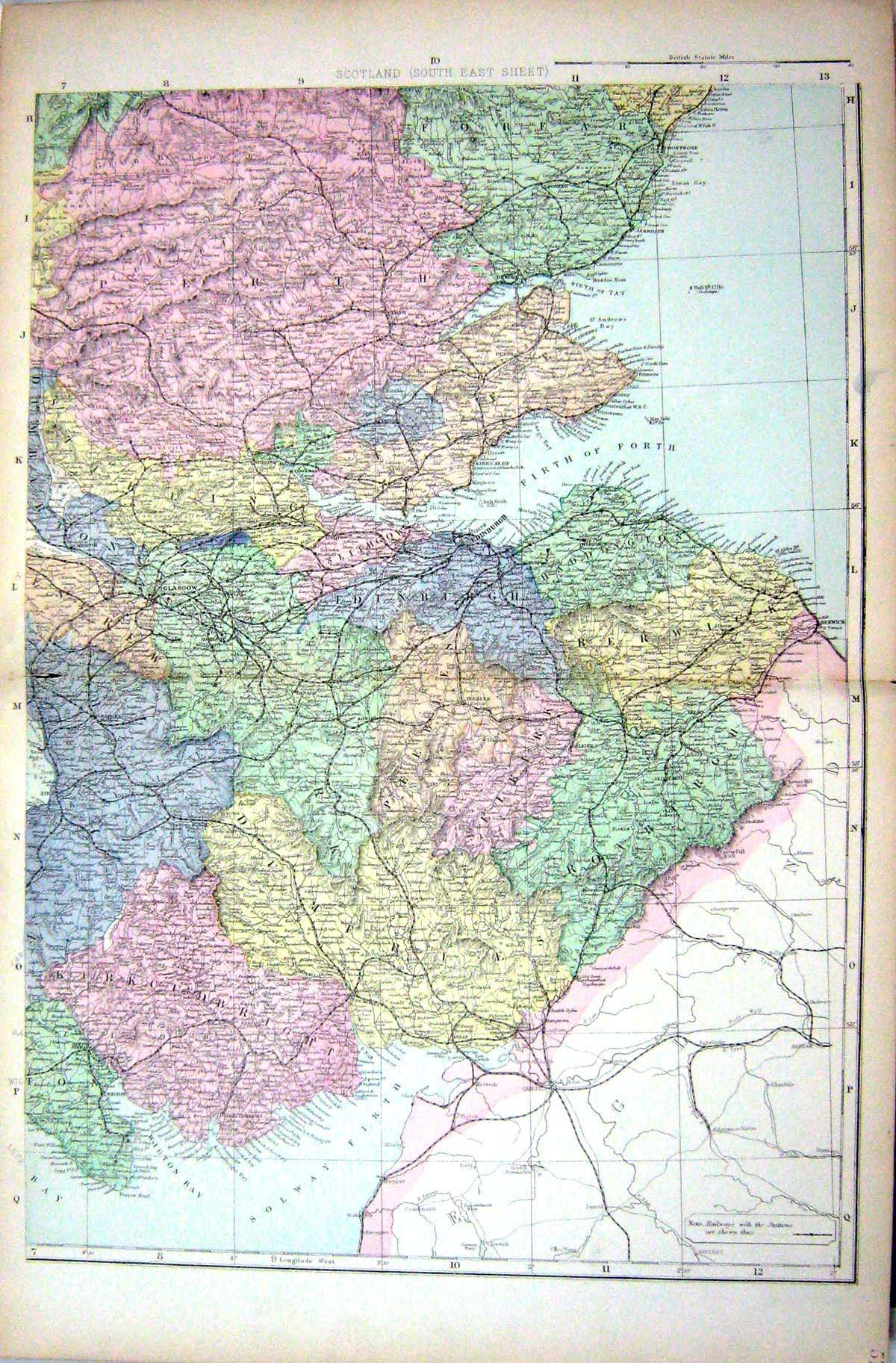 Antique Old Print Bacon Map 1883 Scotland Firth Forth Perth Berwick Glasgow