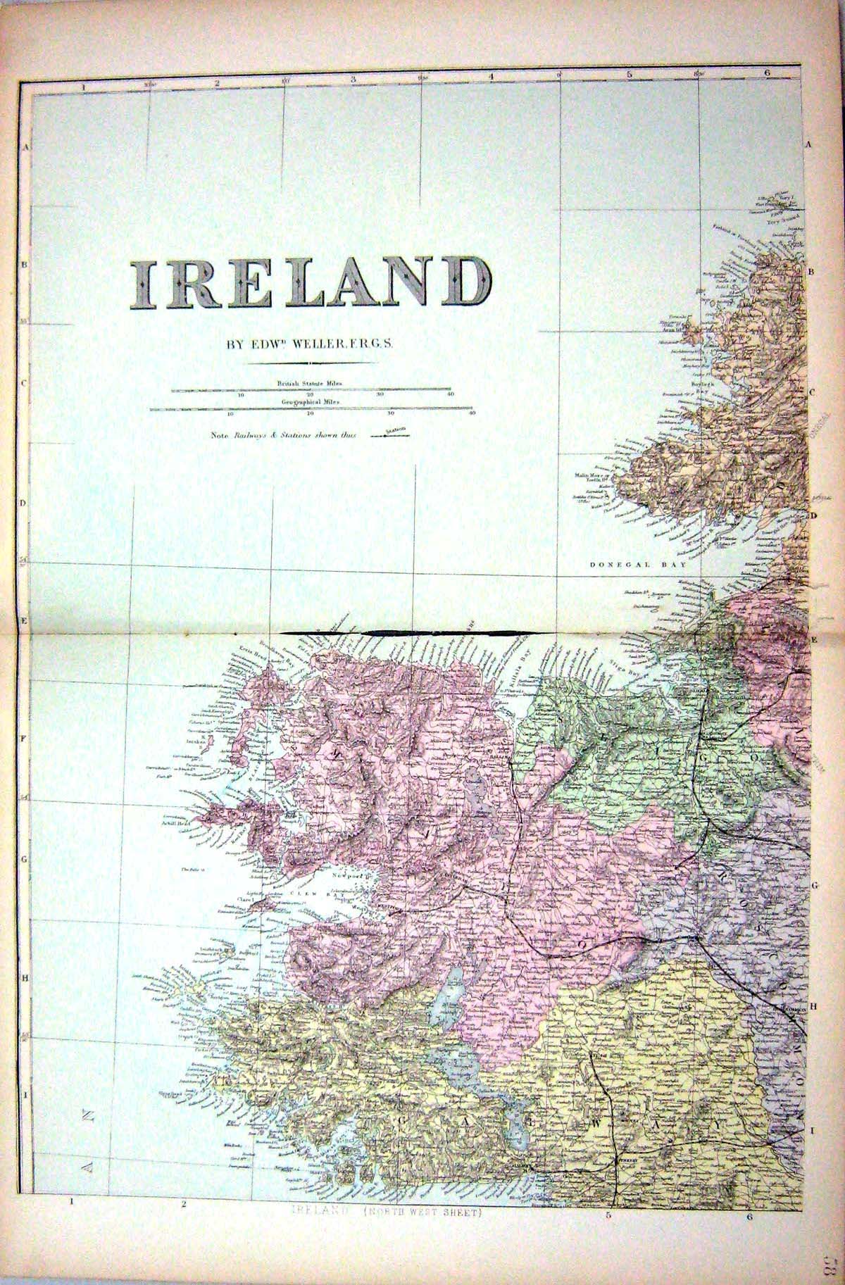 Old Antique Print Damaged Bacon Map 1883 Ireland Donegal Bay Mayo Galway 19th
