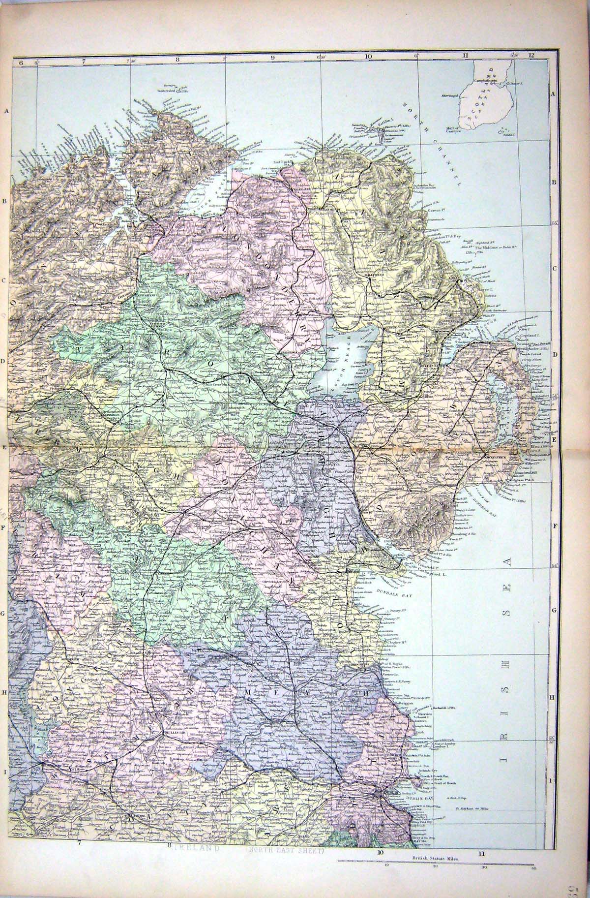 Old Antique Print Bacon Map 1883 Ireland Dundalk Bay Dublin Belfast Omagh 19th