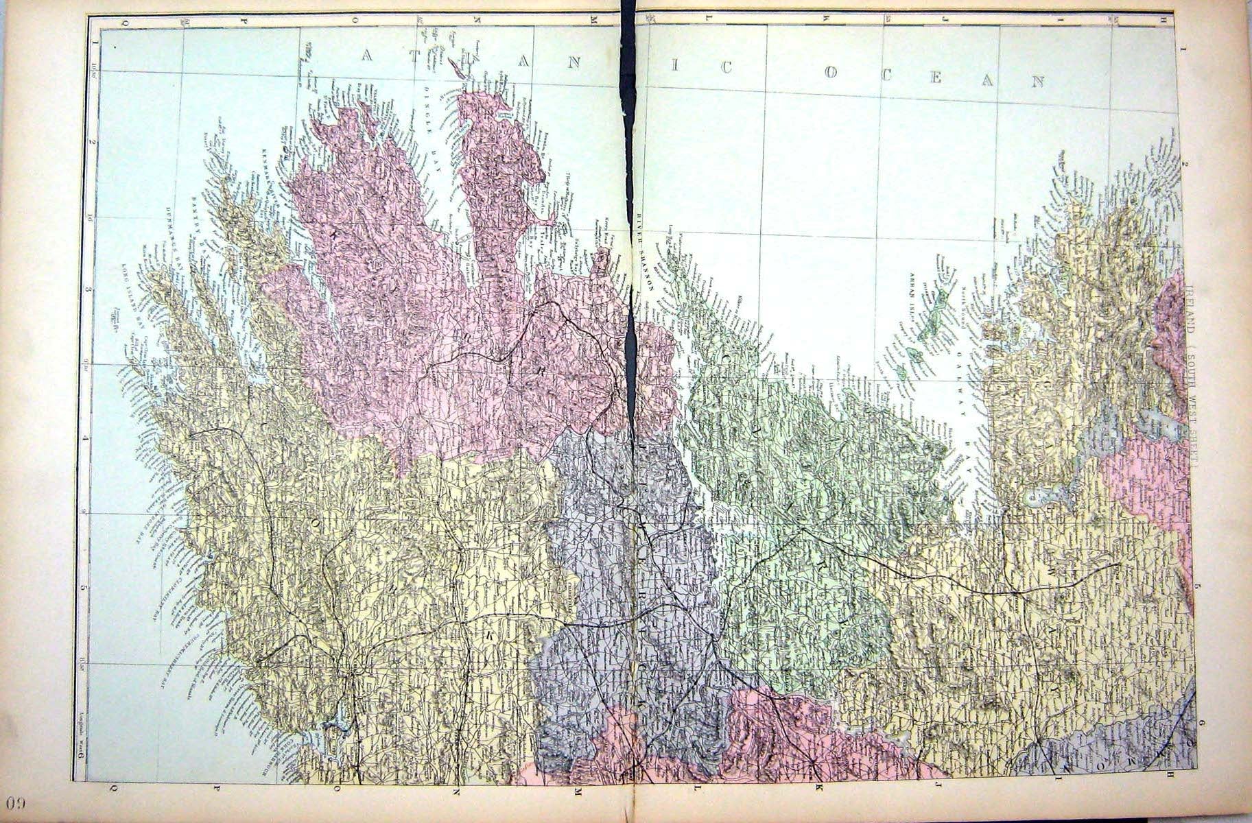 Original Old Antique Print Damaged Bacon Map 1883 Cork Ireland Limerick Galway