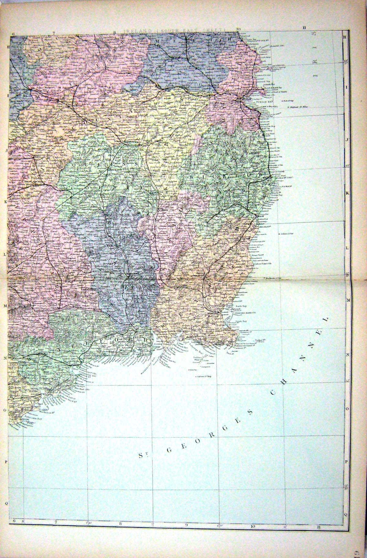 Antique Old Print Bacon Map 1883 Ireland St. George Channel Wexford Dublin 19th