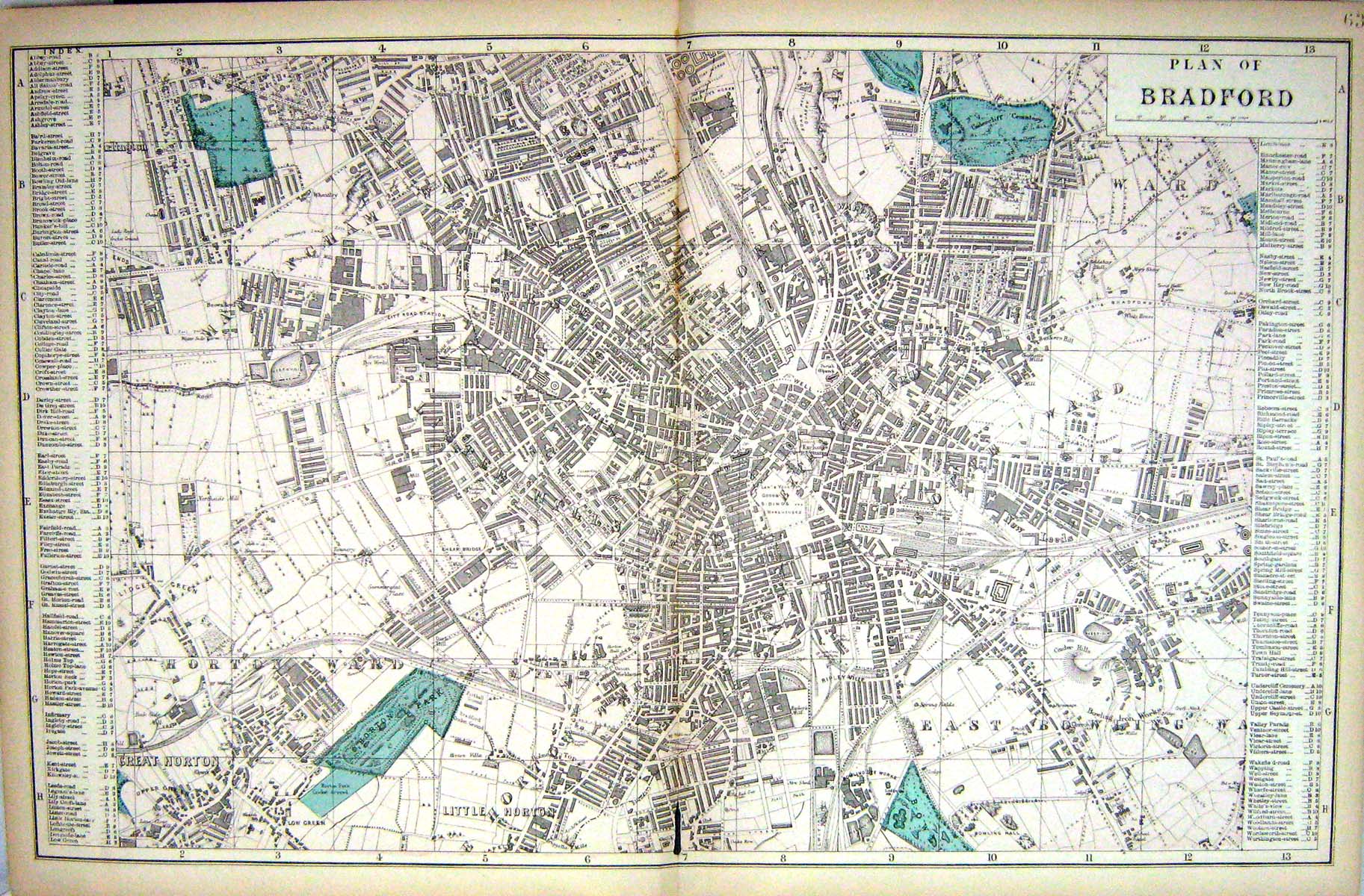 Original Old Antique Print Bacon Map 1883 Street Plan Bradford England 19th