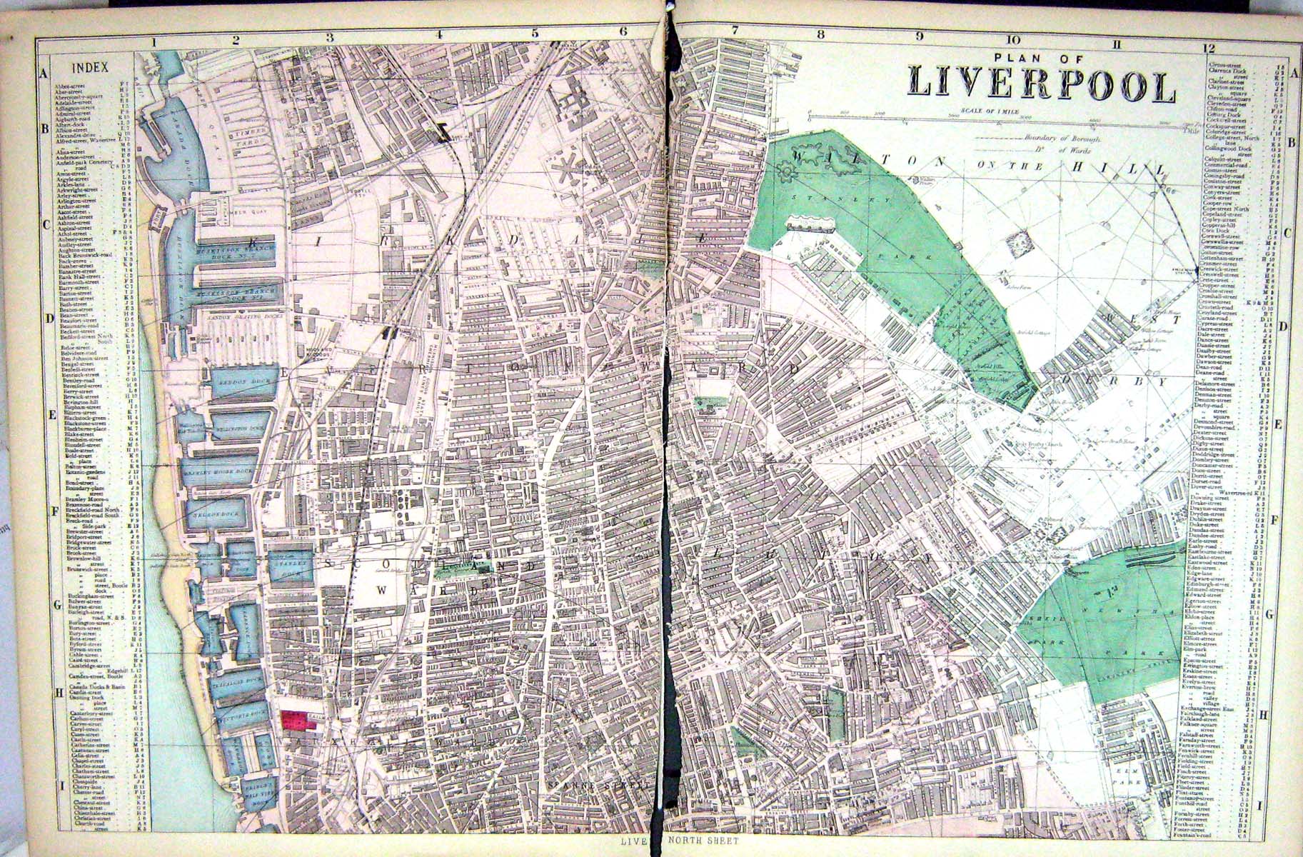 Original Old Antique Print Damaged Bacon Map 1883 Street Plan Liverpool England