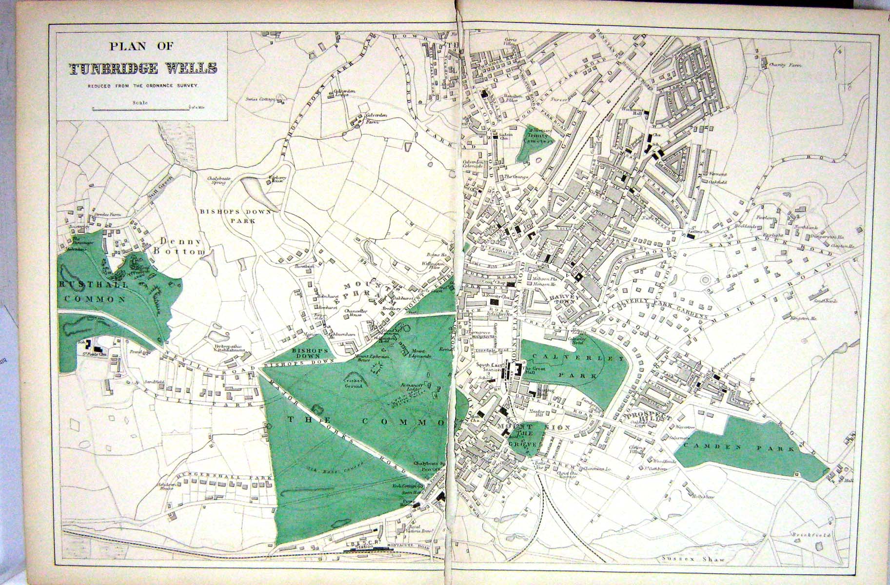 Antique Old Print Damaged Street Plan Tunbridge Wells England Bacon Map 1883