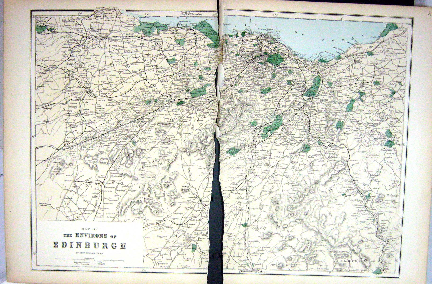Original Old Antique Print Damaged Environs Edinburgh Scotland Bacon Map 1883