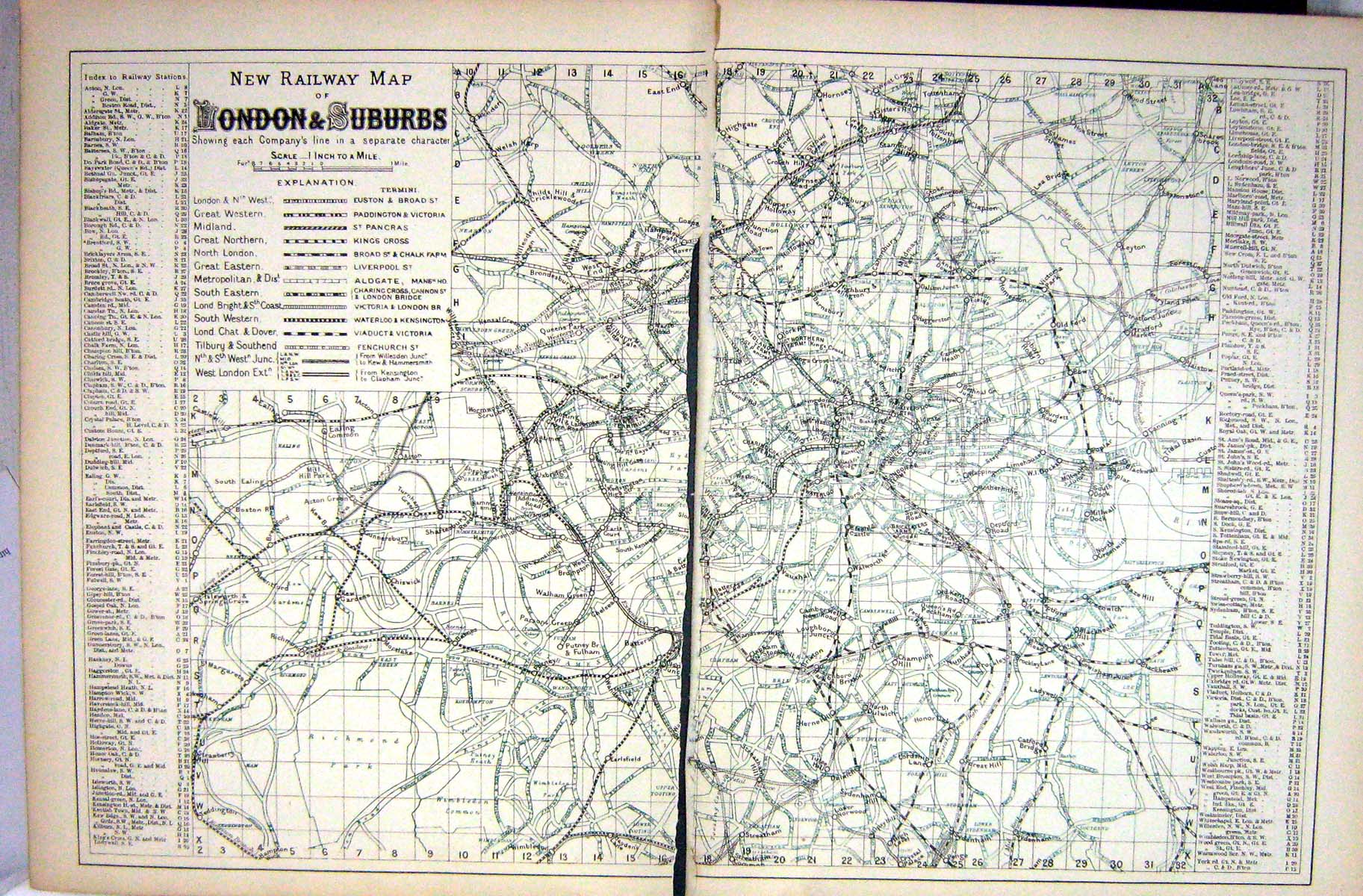 Old Antique Print Damaged Bacon Map 1883 Railway London Suburbs England 19th