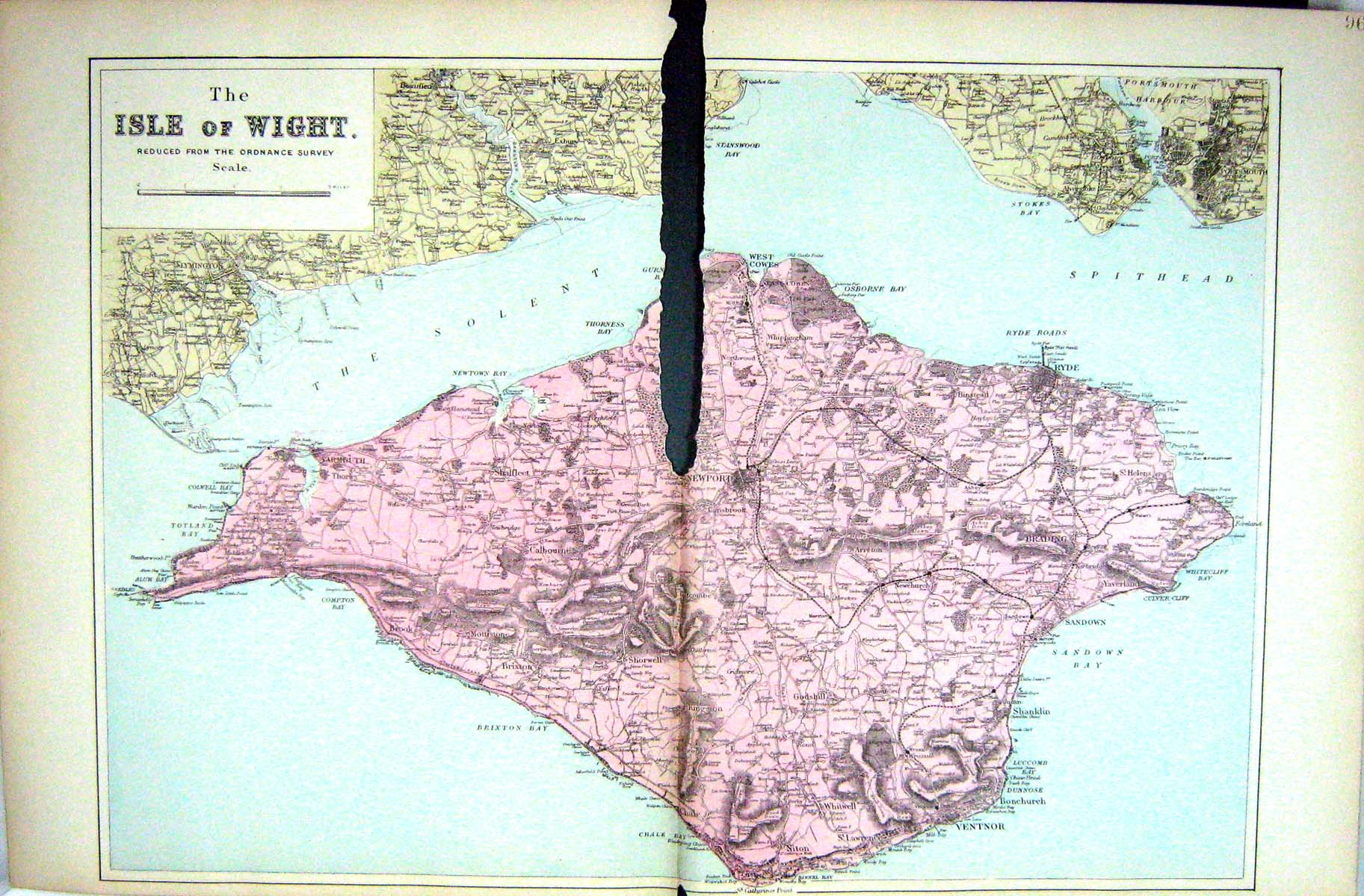 Antique Old Print Bacon Map 1883 Damaged Isle Wight Sandown Ventnor Brixton