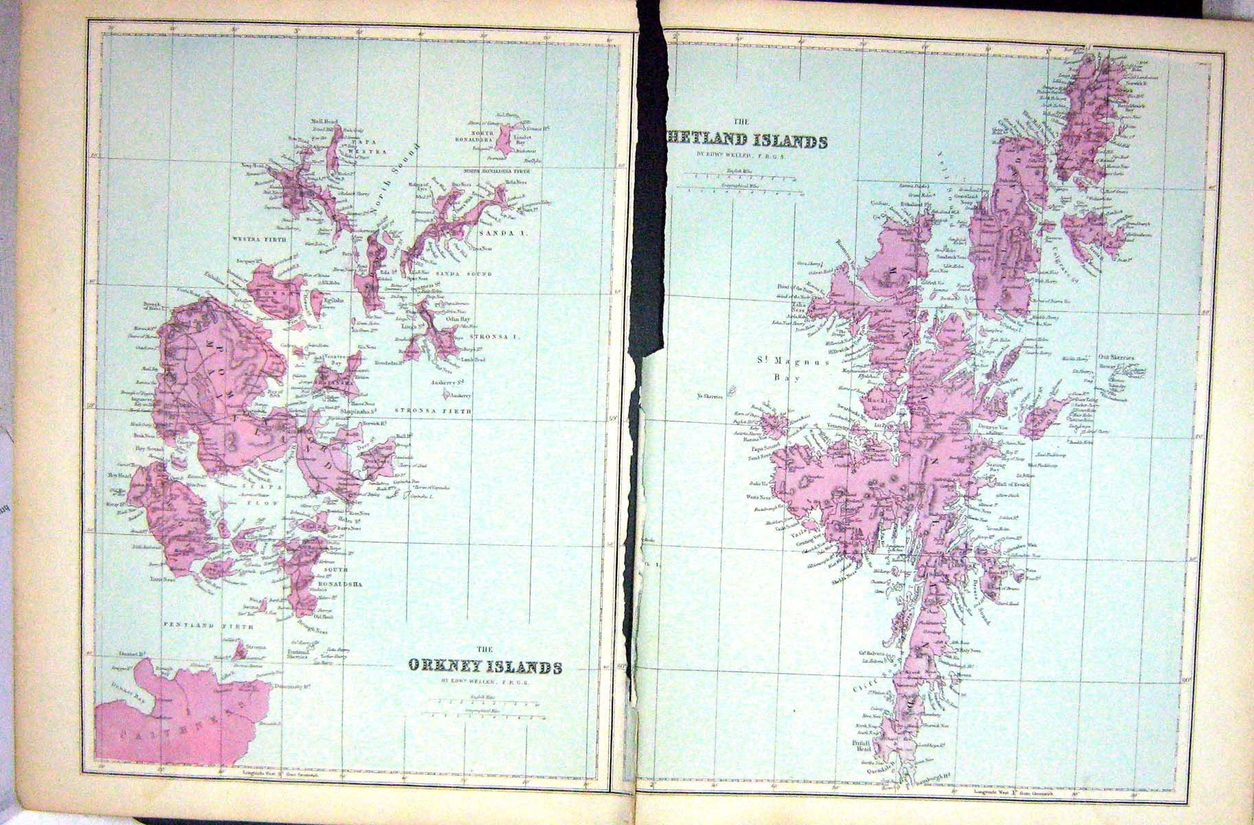 Old Antique Print Bacon Map 1883 Damaged Orkney Shetland Pentland Firth 19th