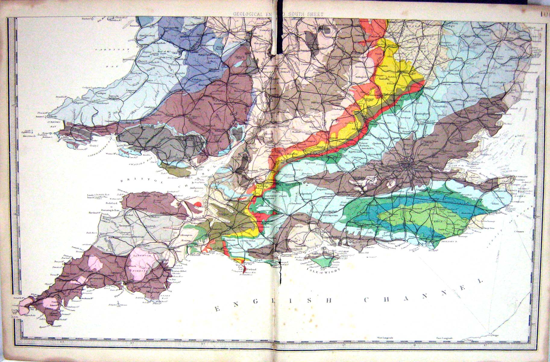 Original Old Antique Print Bacon Map 1883 England Geological English Channel