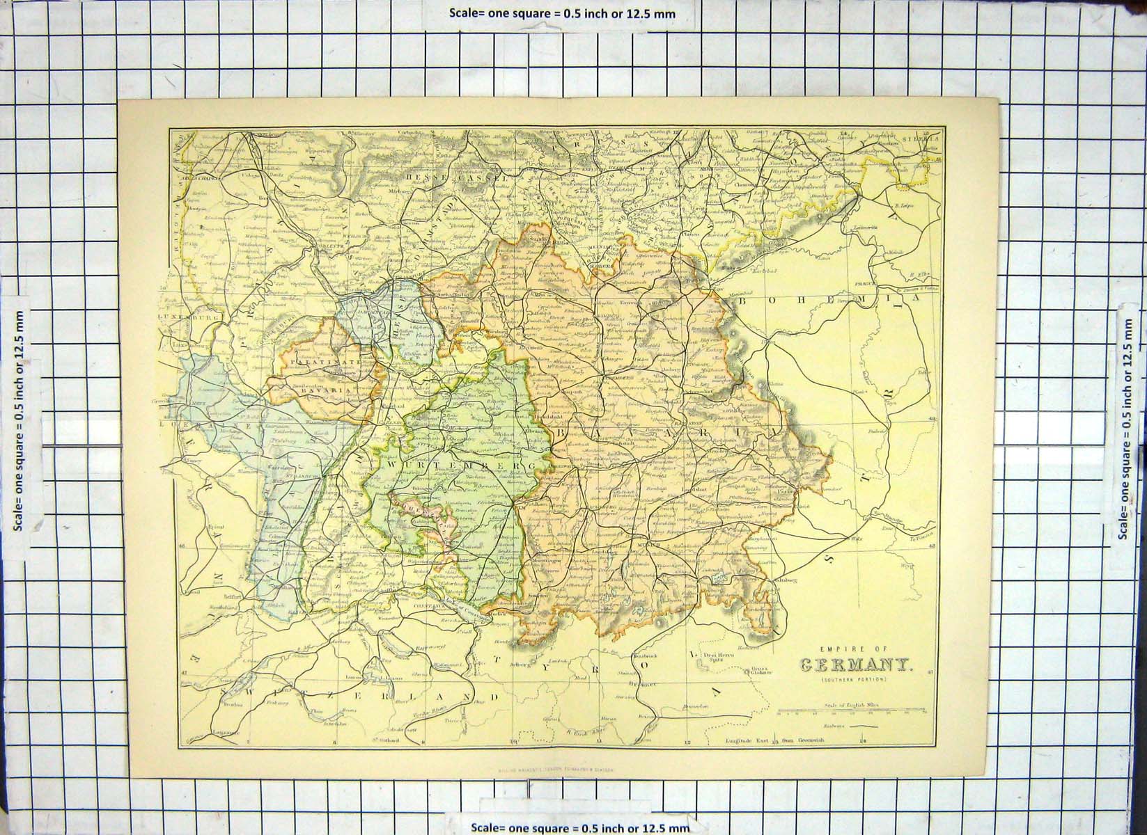 Old Antique Print Map Emprie Germany Europe Wurtemberg Bavaria Darmstadt