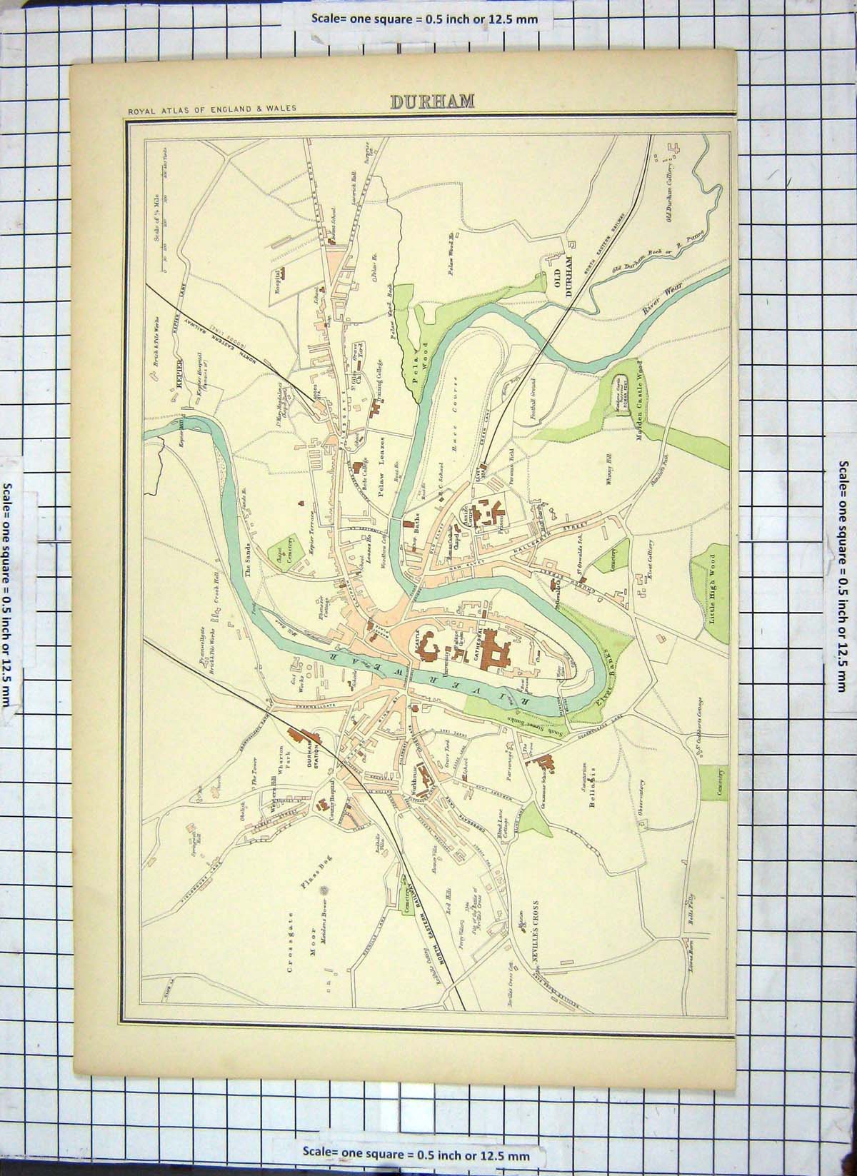 Original Old Antique Print Map Street Plan Durham England River Wear