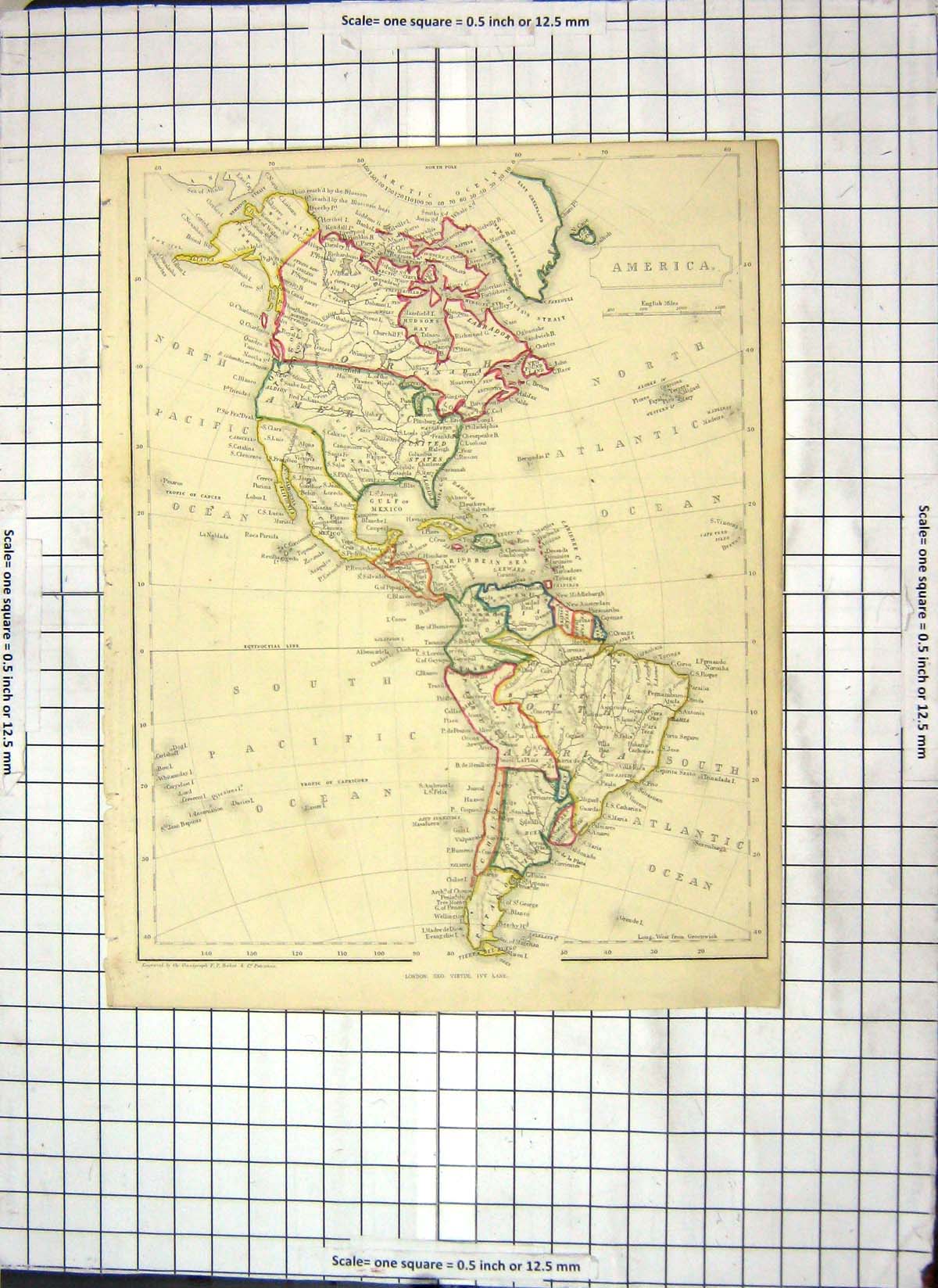 Antique Old Print Map North South America Caribbean Mexico Falkland Canada