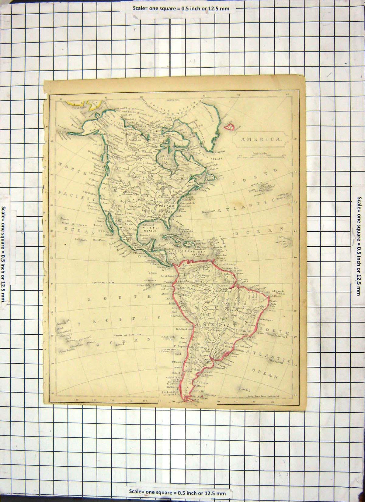 Antique Old Print Map North South America Chile Mexico Caribbean Greenland