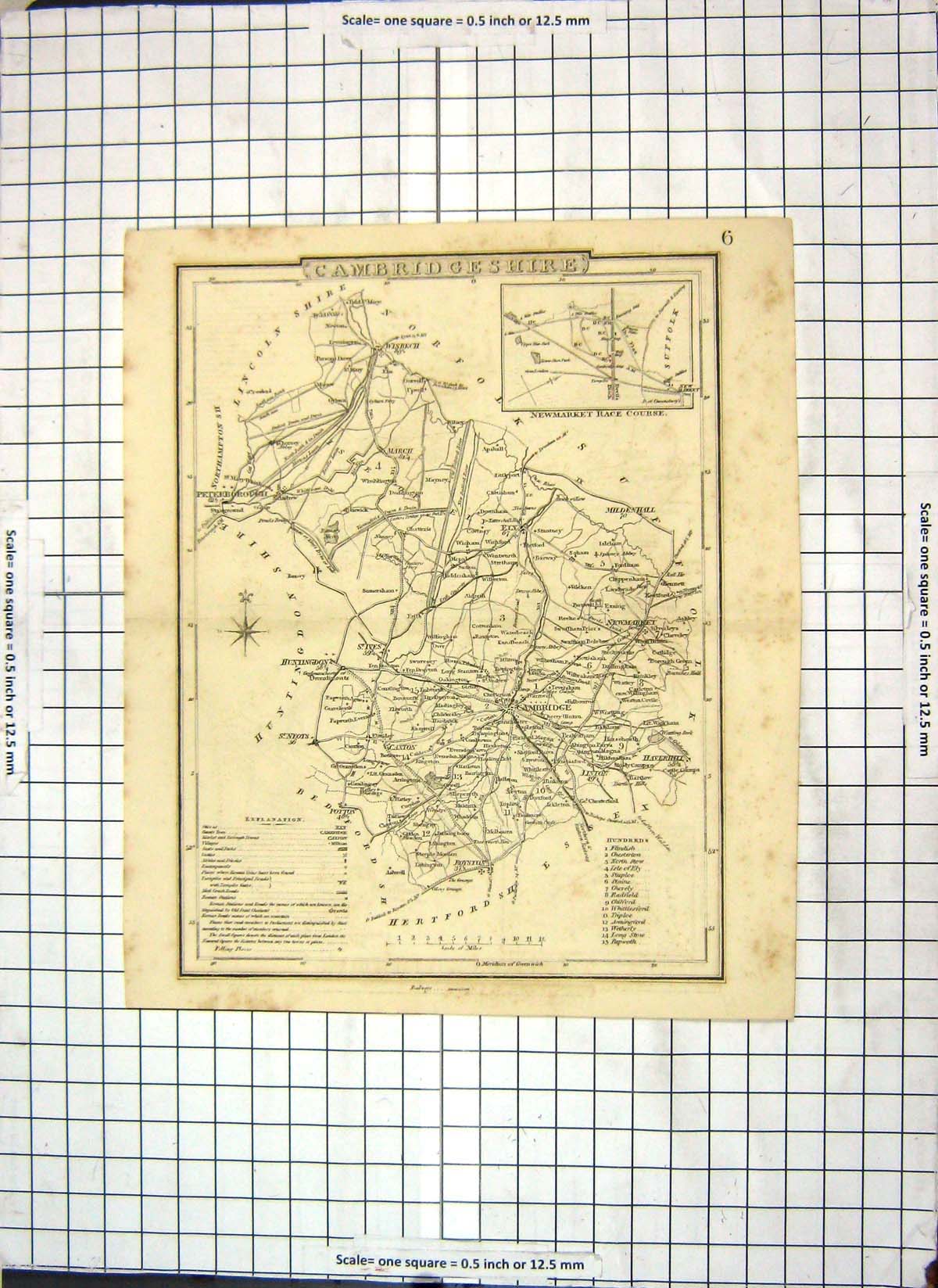Antique Old Print Map Cambridegshire England Cambridge Huntingdon Newmarket