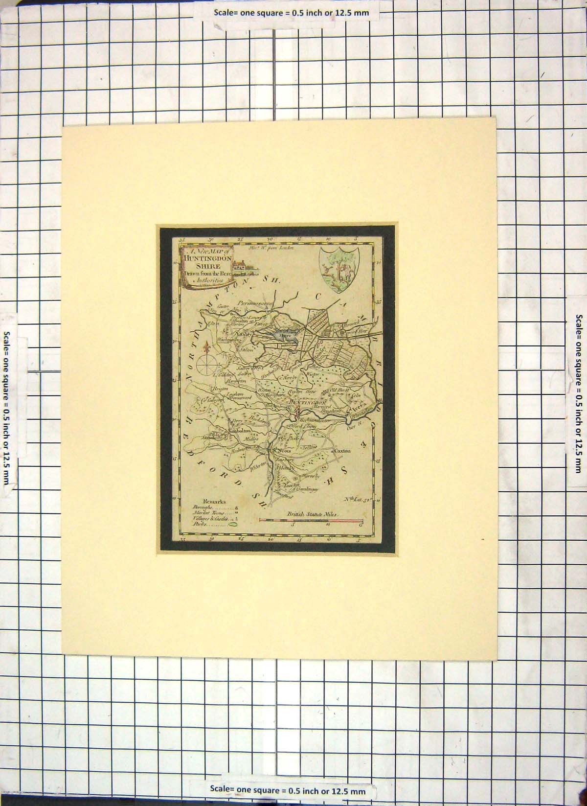 Antique Old Print Map Huntingdonshire England St. Ives Northampton Huntingdon