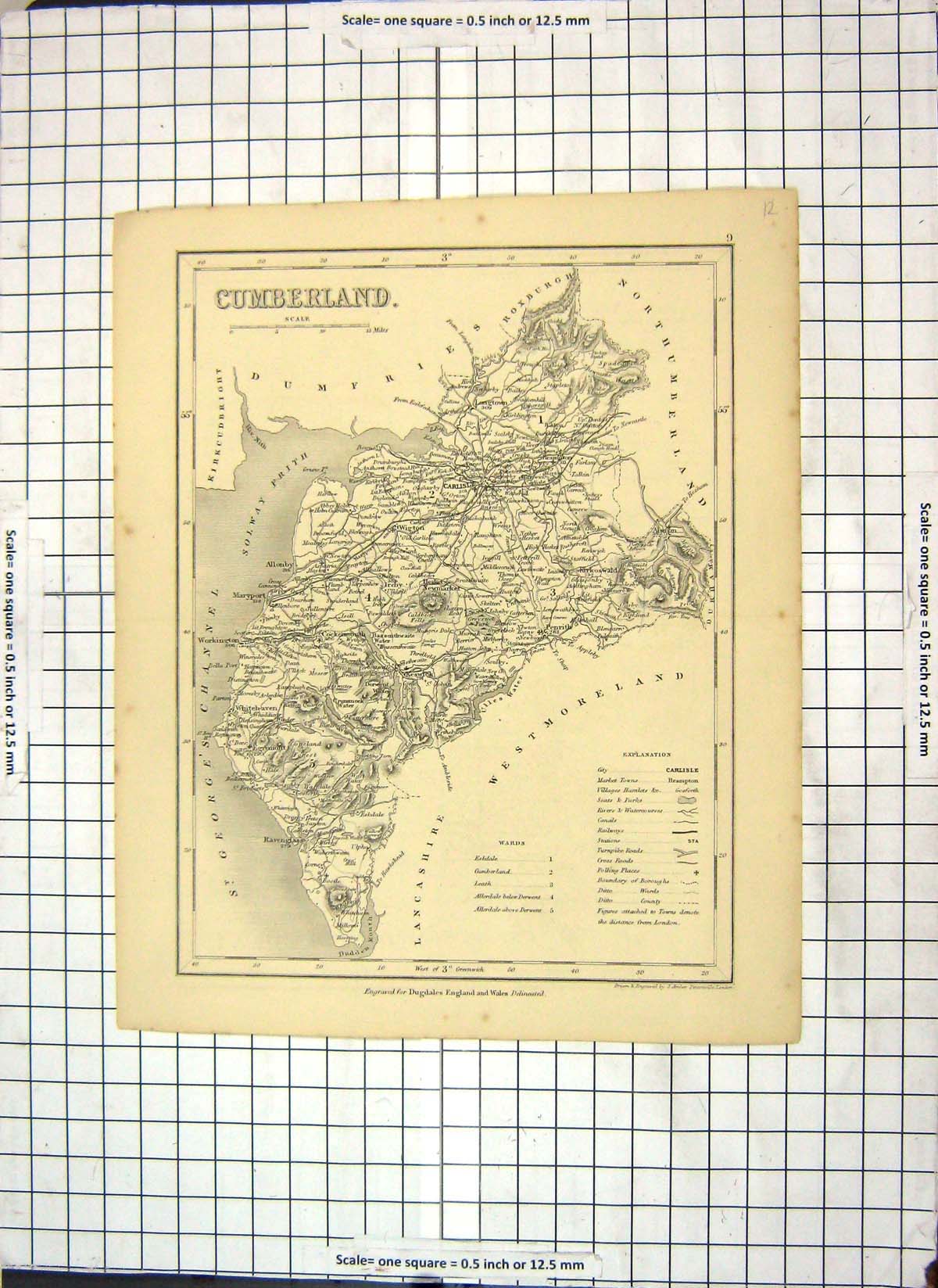 Antique Old Print Map Cumberland Carlisle England Maryport Penrith Cheswick