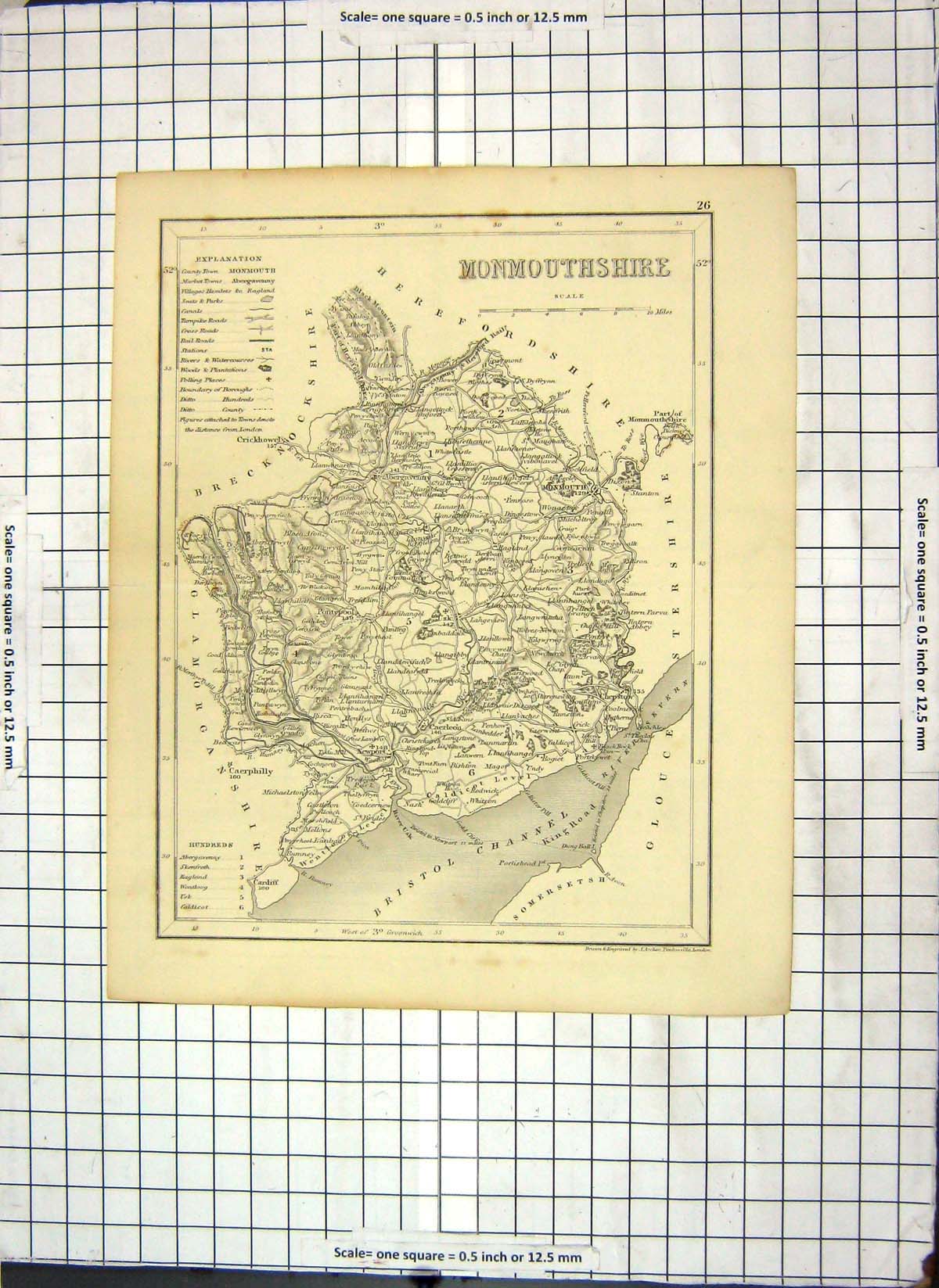 Original Old Antique Print Monmouthshire England Map Pontypool Monmouth Newport