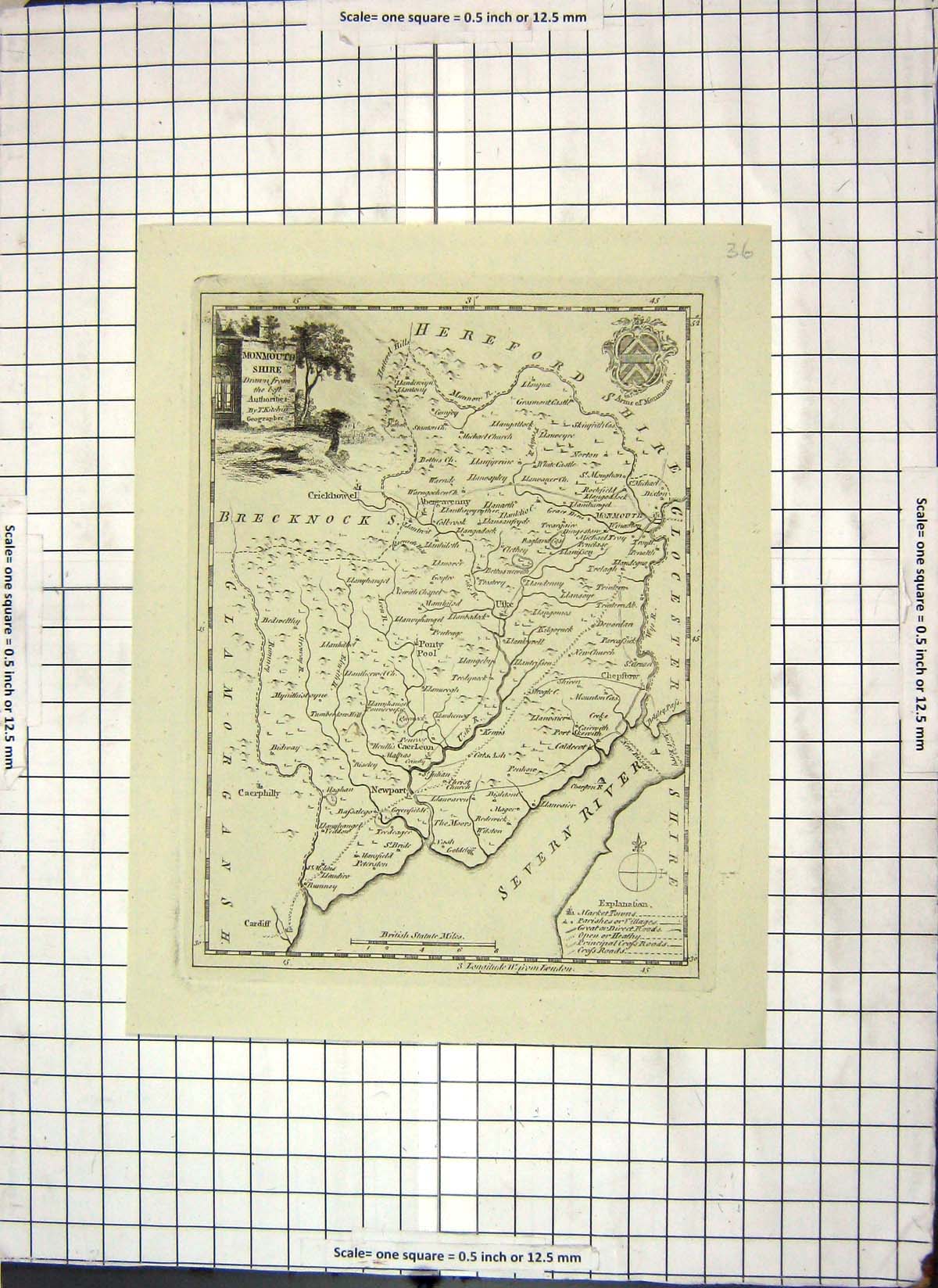 Antique Old Print Map Monmouthshire Hereford Monmouth River Severn England