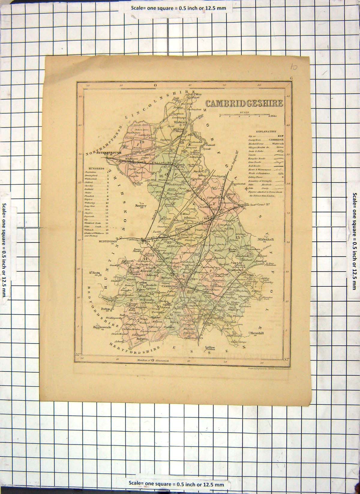 Old Print Map Cambridgeshire England Ely Huntingdon Peterborough Wisbeach