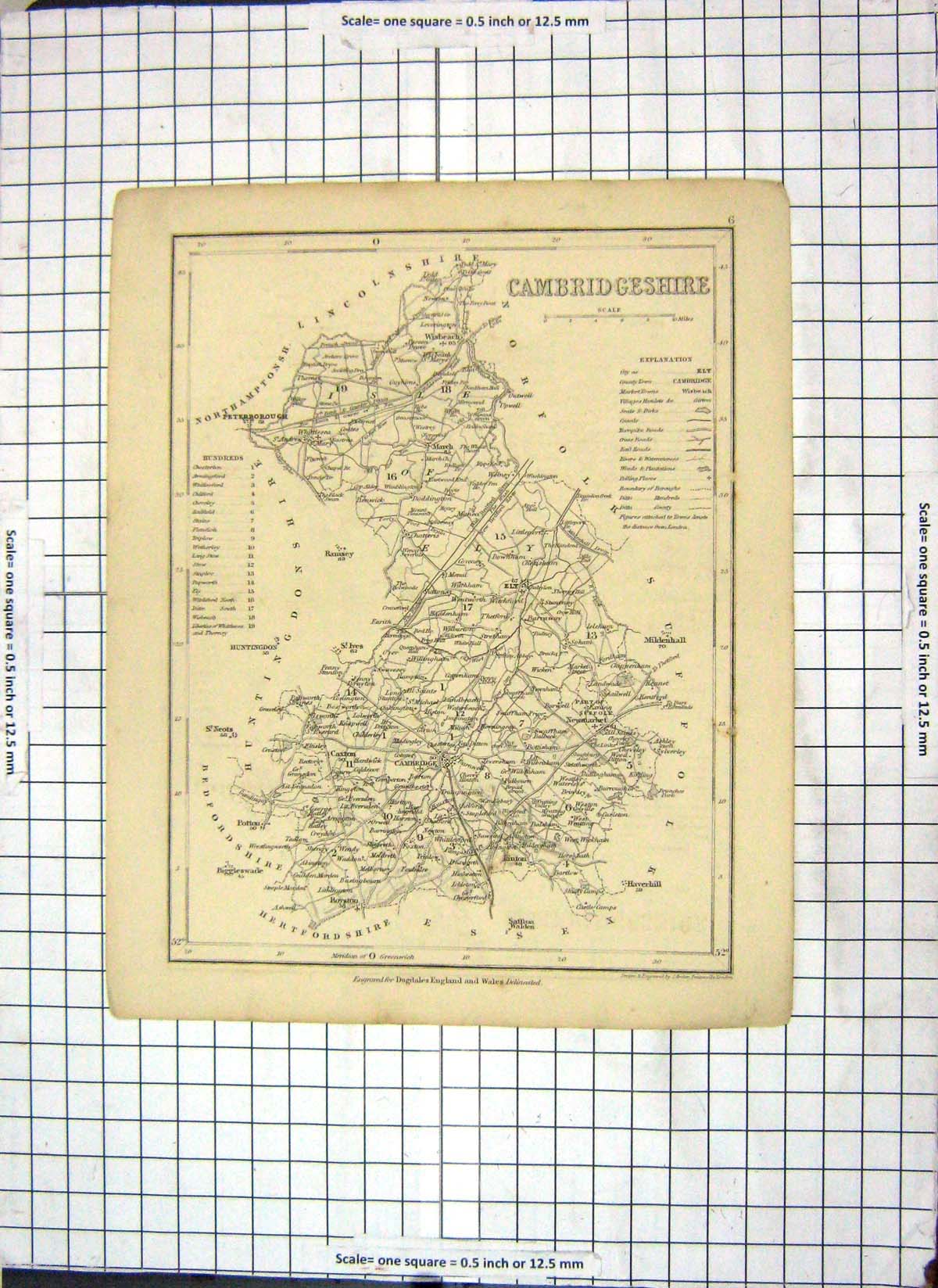 Antique Old Print Dugdales Map Cambridgeshire England Wisbeach Peterborough