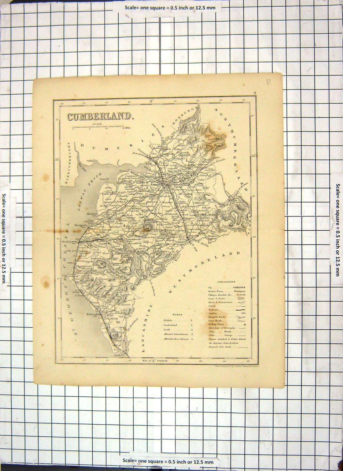 Antique Old Print Map Cumberland England Whitehaven Carlisle Keswick Allonby
