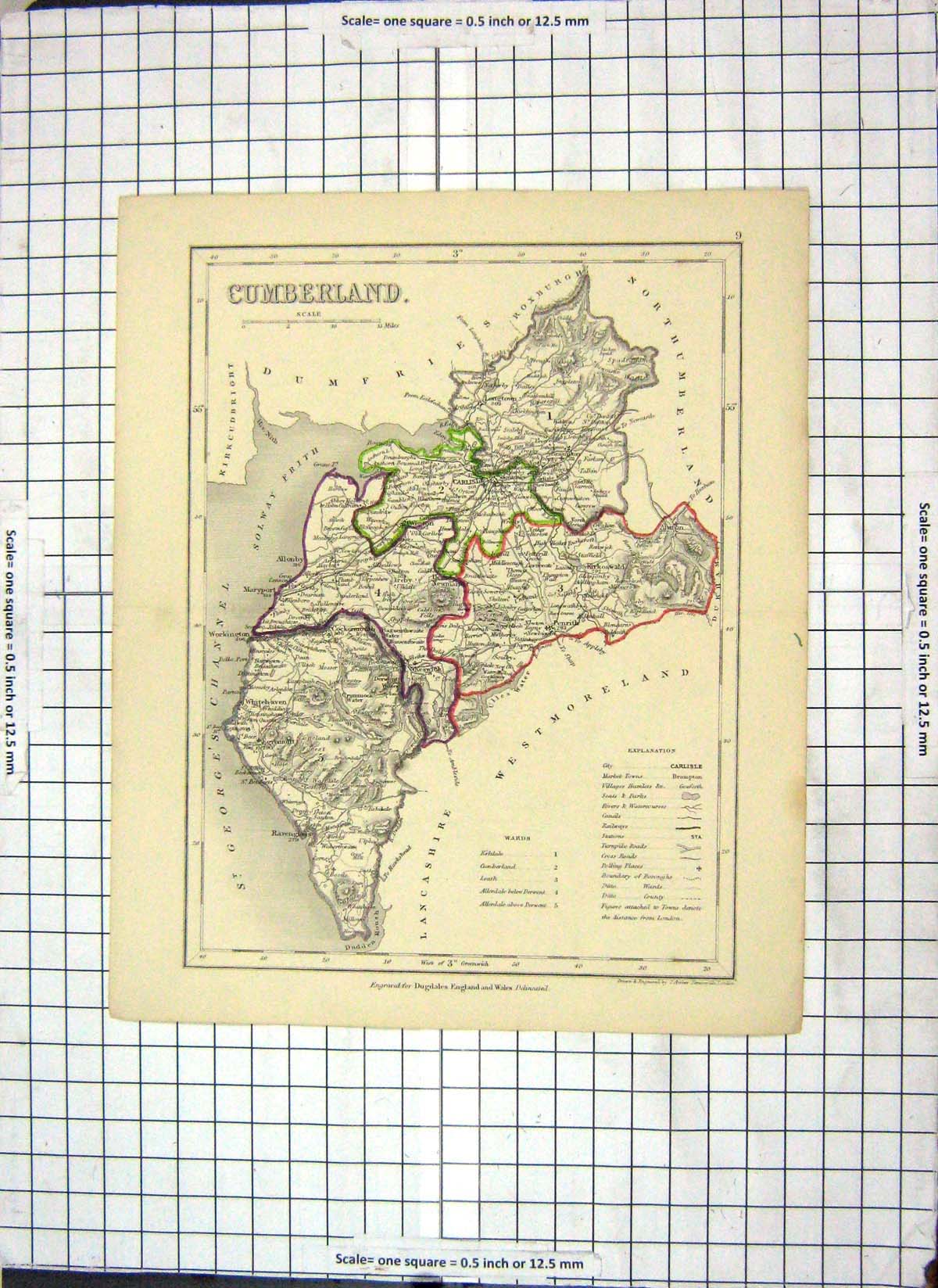 Antique Print Map Cumberland England Dugdales Carlisle Whitehaven Maryport
