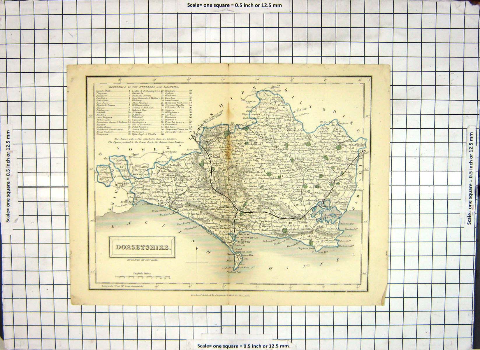 Original Old Antique Print Map Dorsetshire Dorchester England Poole Wareham