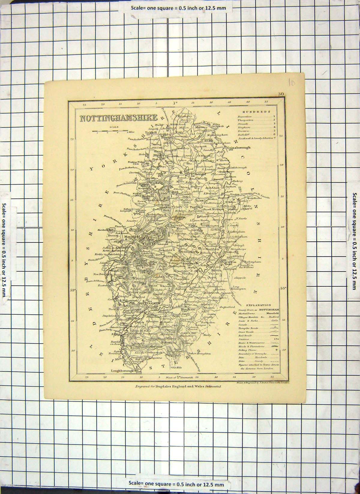 Old Antique Print Map Nottinghamshire England Nottingham Worksop Bingham