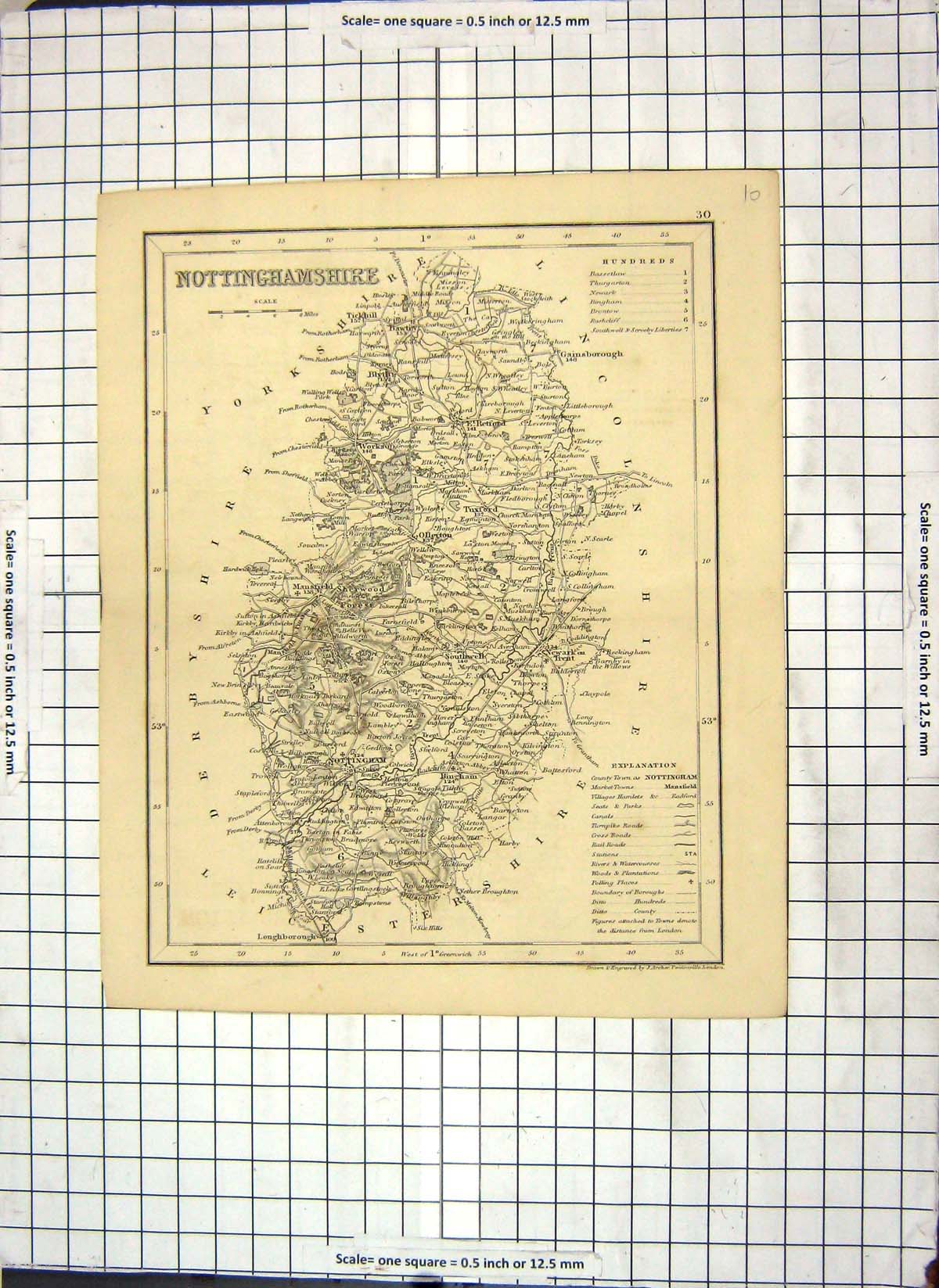 Antique Print Map Nottinghamshire England Mansfield Nottingham Gainsborough