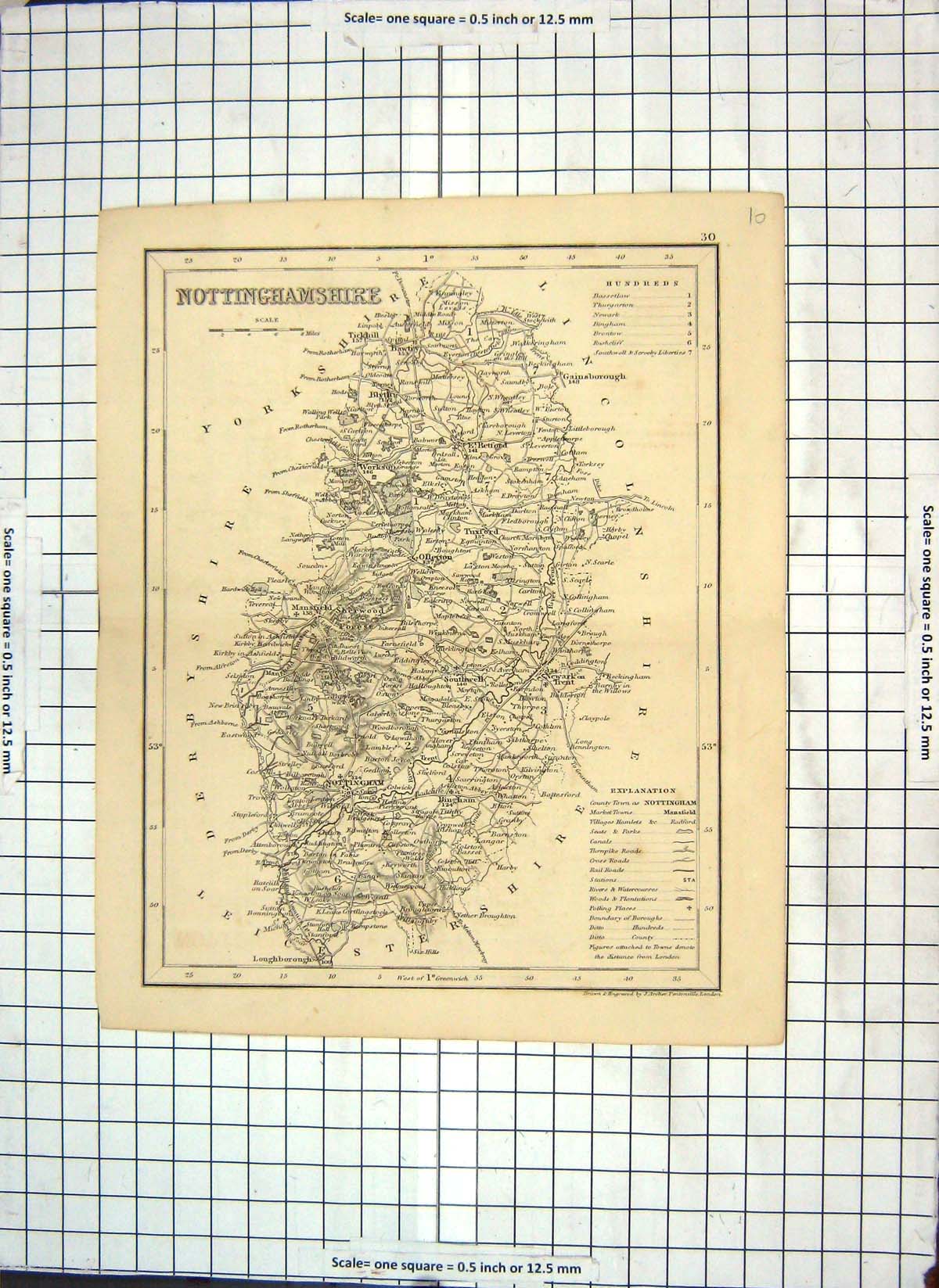 Antique Old Print Map Nottinghamshire England Nottingham Mansfield Bingham 18th