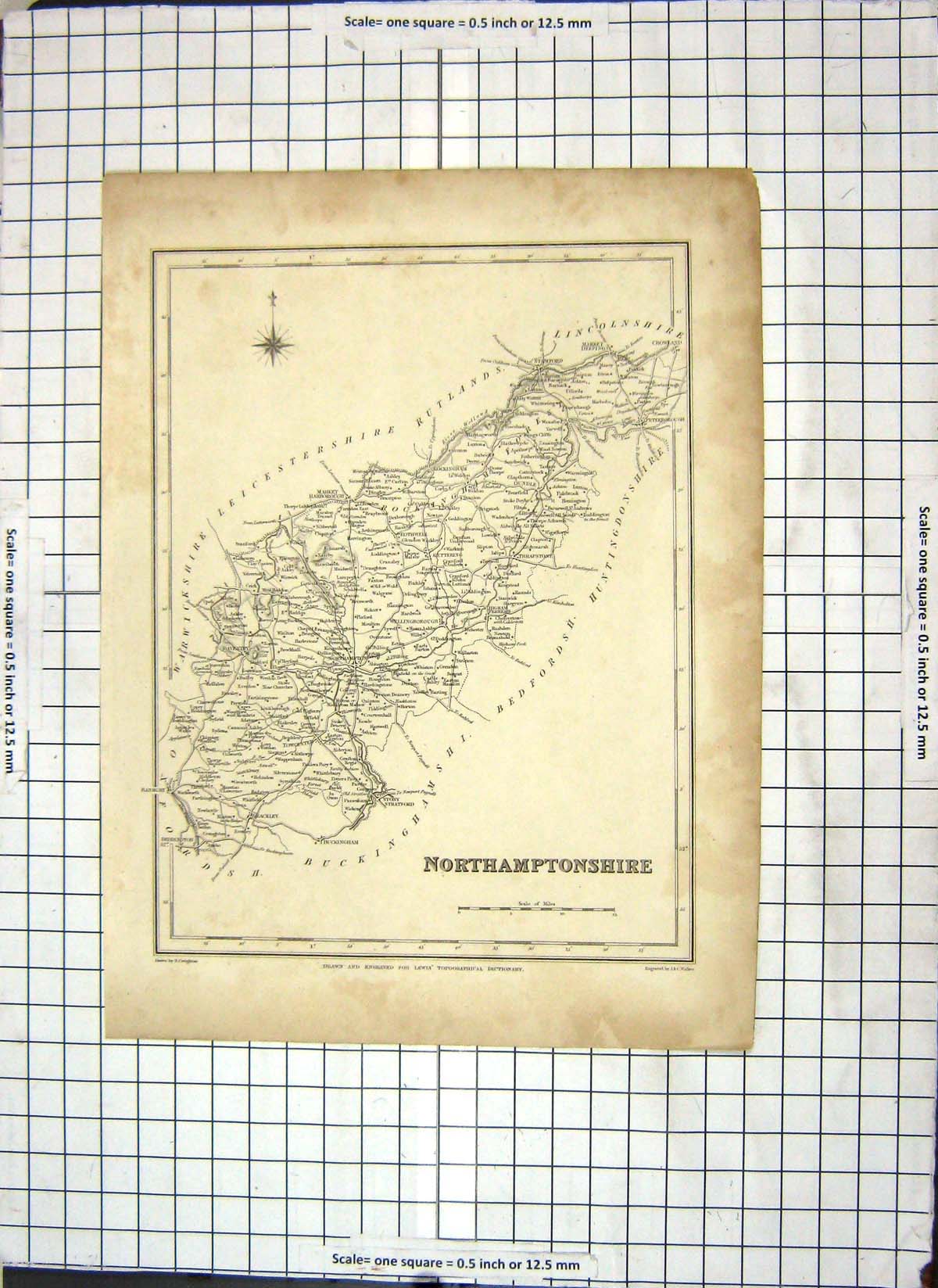 Antique Old Print Map Northamptonshire England Thrapstone Stamford Deeping 19th