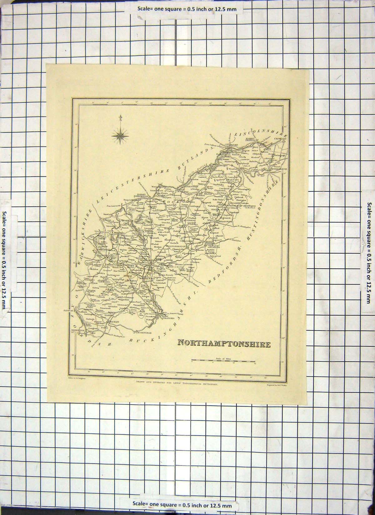 Original Old Antique Print Map Northamptonshire England Stratford Thrapstone