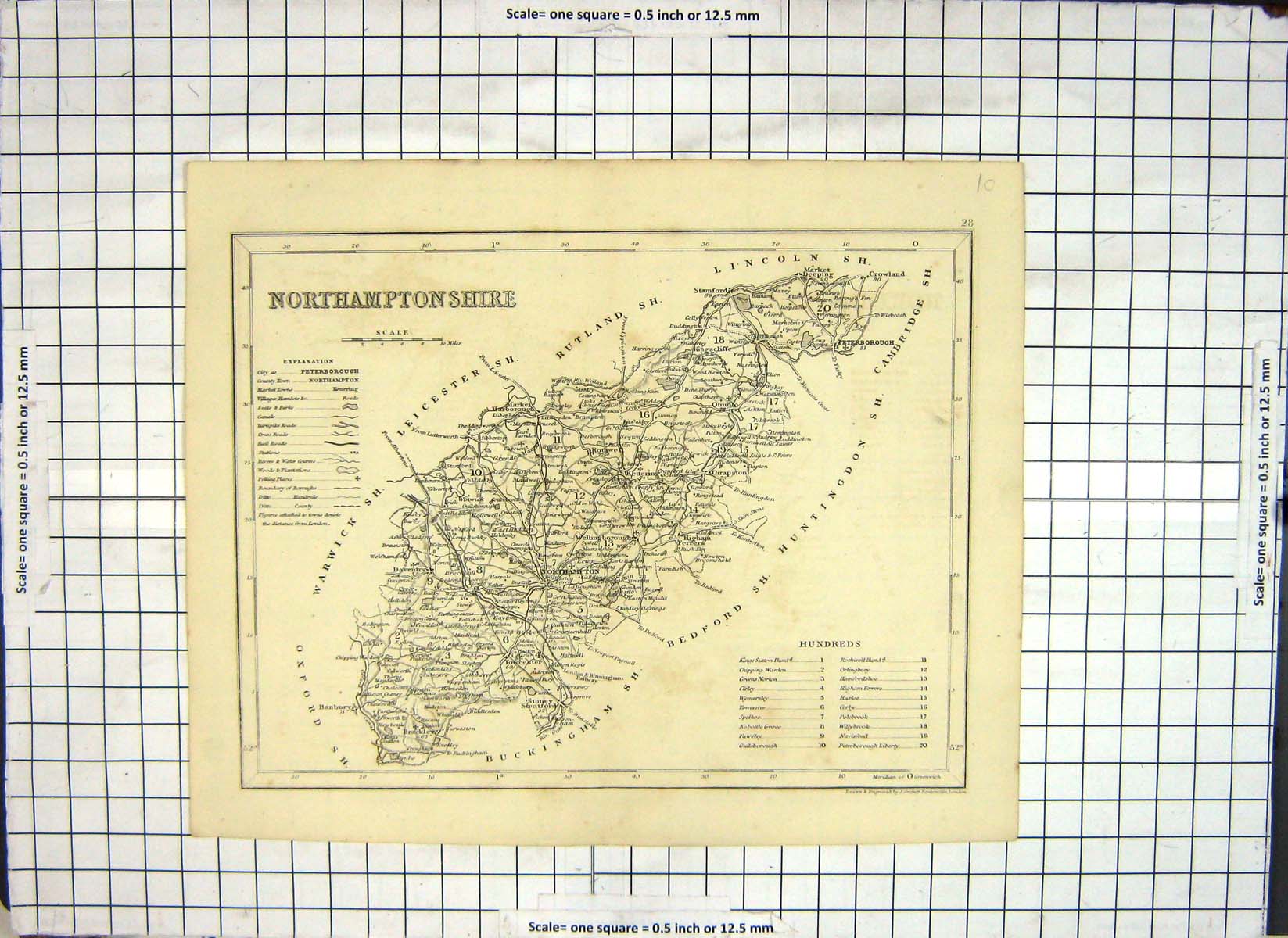 Original Old Antique Print Northamptonshire Map Kettering Peterborugh Daventry
