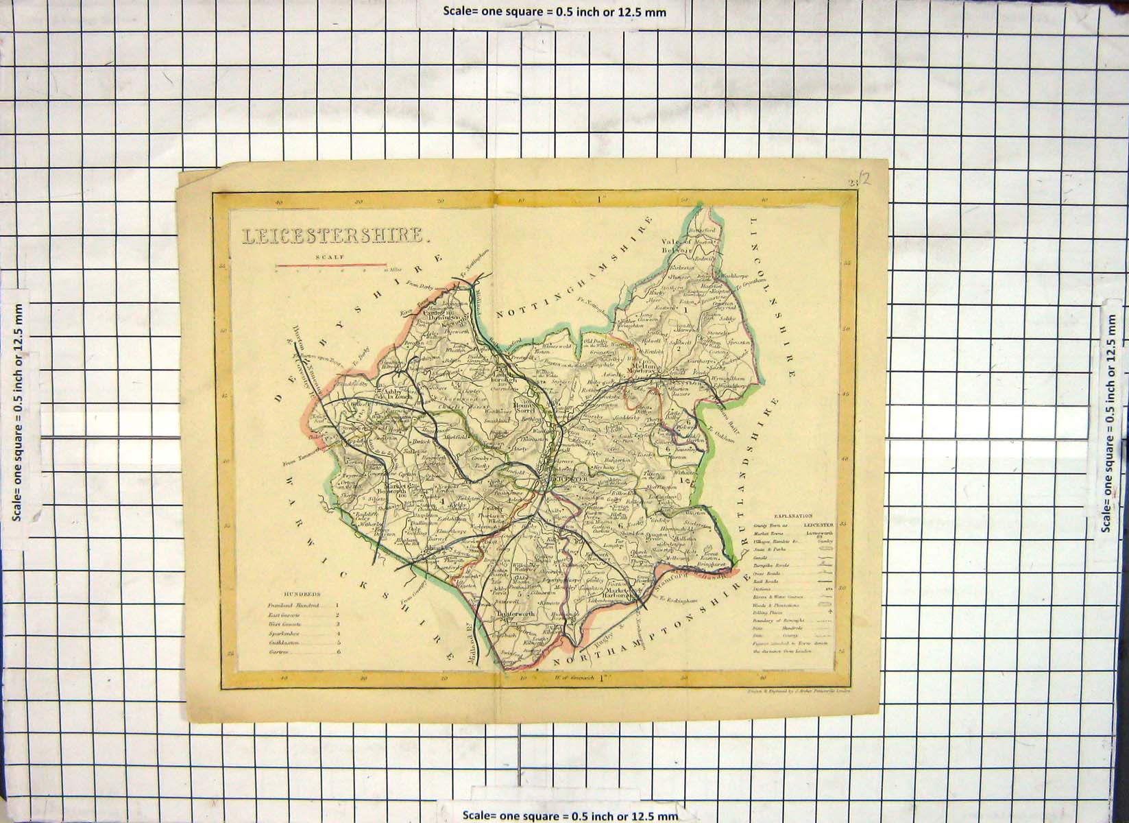 Old Print Map Leicestershire England Leicester Melton Mowbray Ashby Zouch 20th
