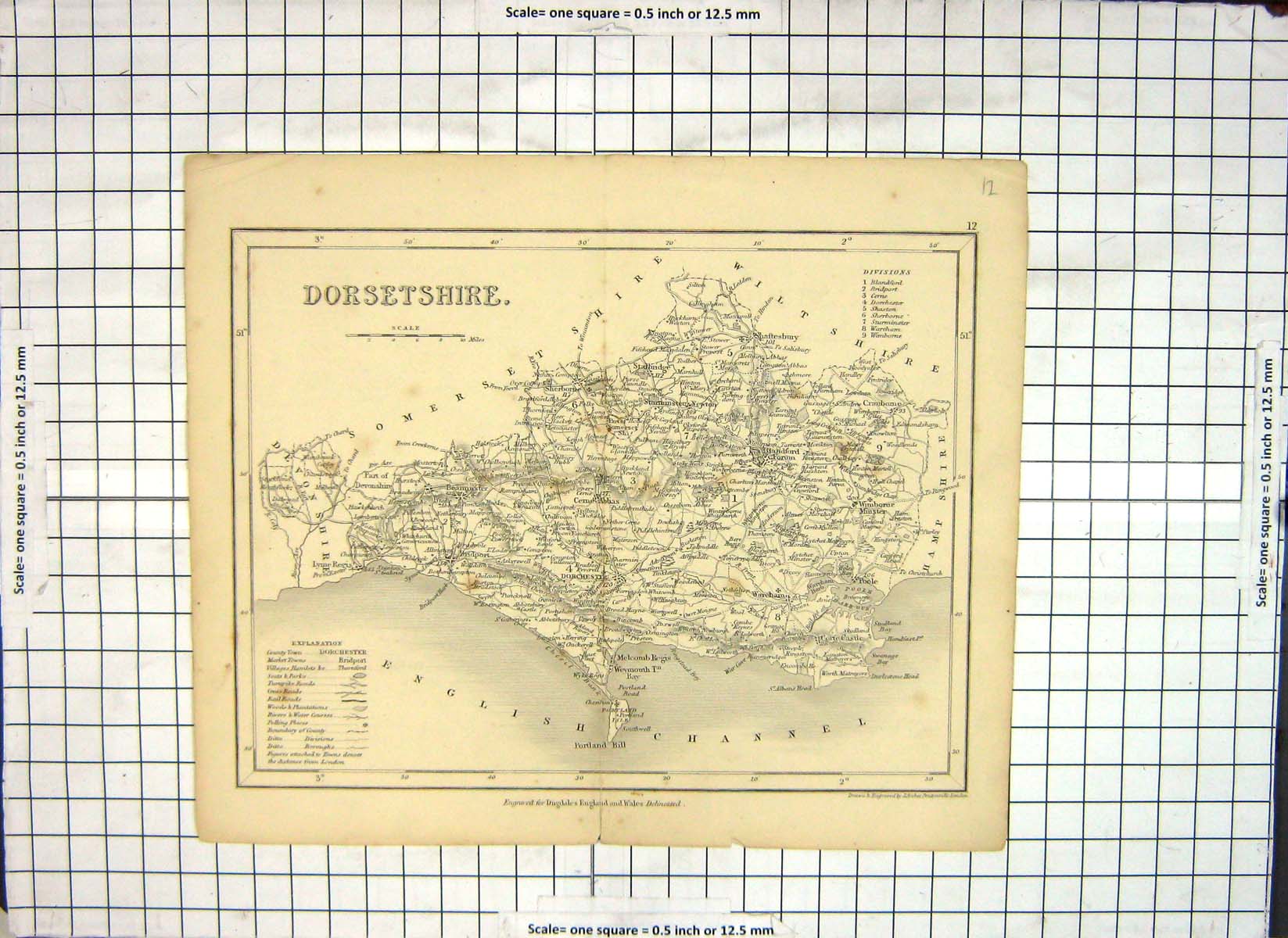 Old Print *6054 Map Dorsetshire England Dorchester Weymouth Poole Harbour