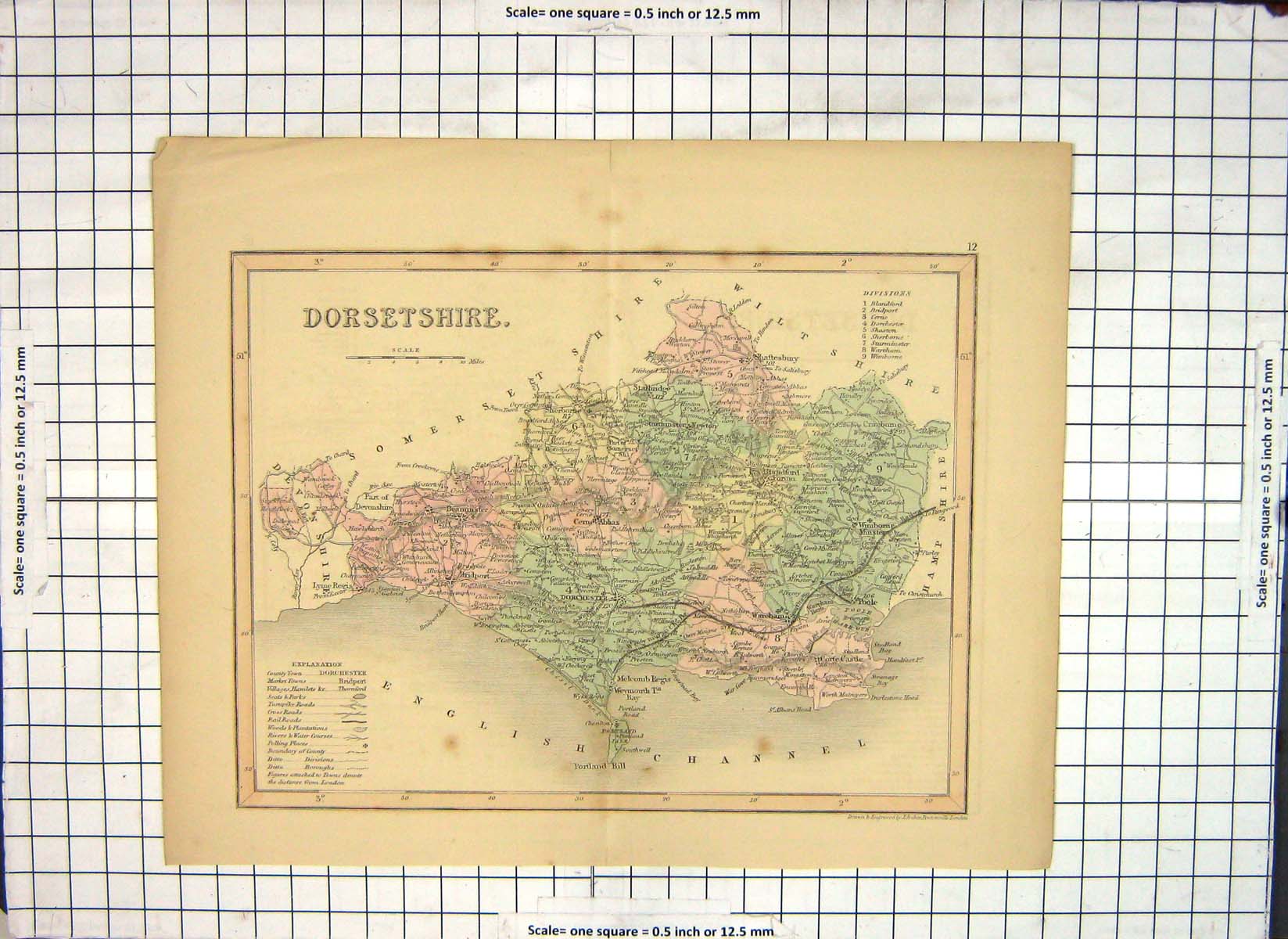 Antique Old Print Map Dorsetshire England Dorchester Weymouth Poole Harbour
