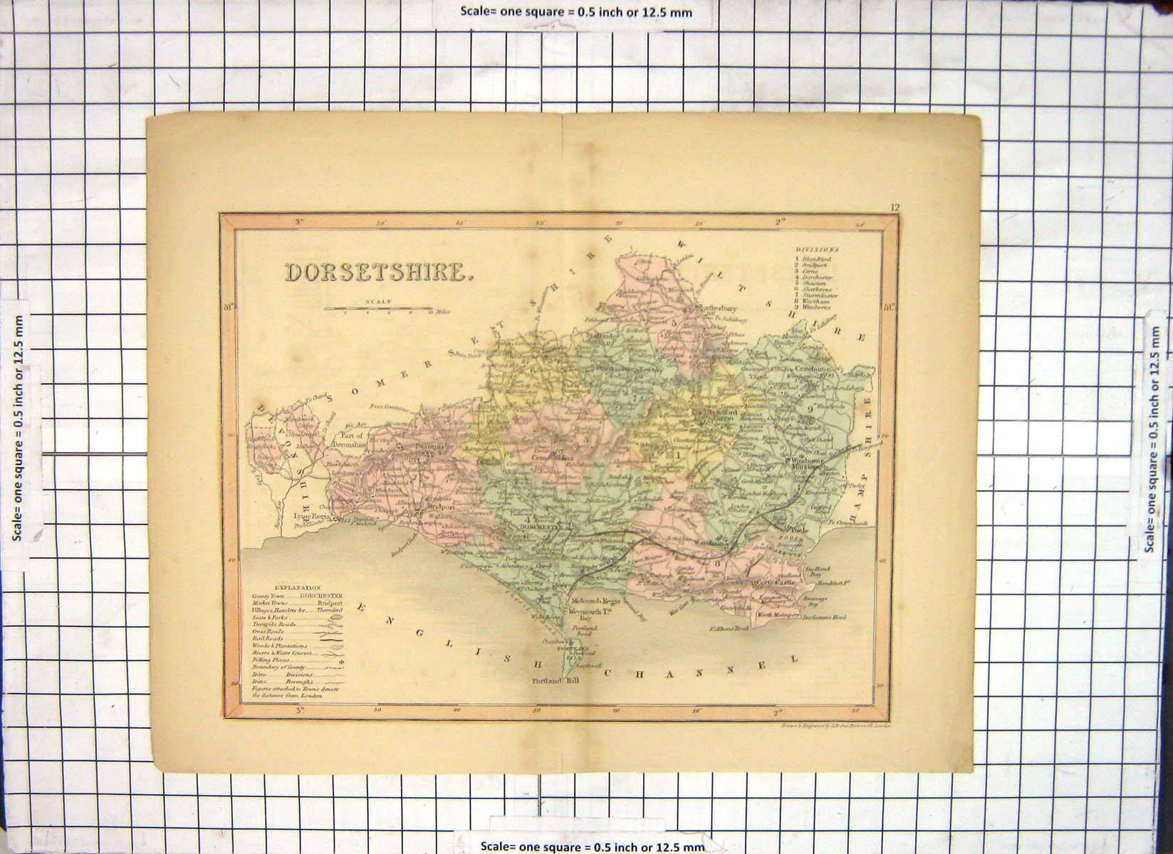 Old Antique Print Map Dorsetshire England Weymouth Dorchester Poole Regis