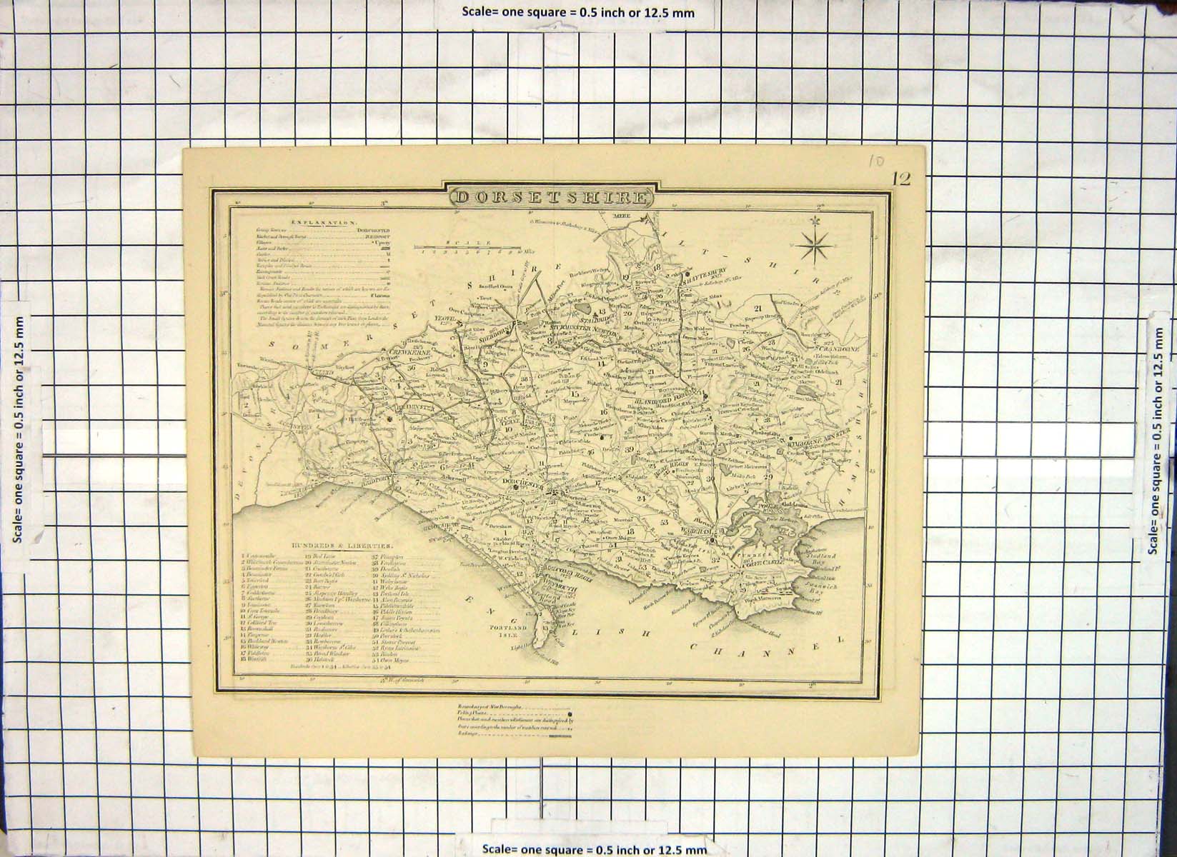 Original Old Antique Print Map Dorsetshire England Dorchester Weymouth Wareham