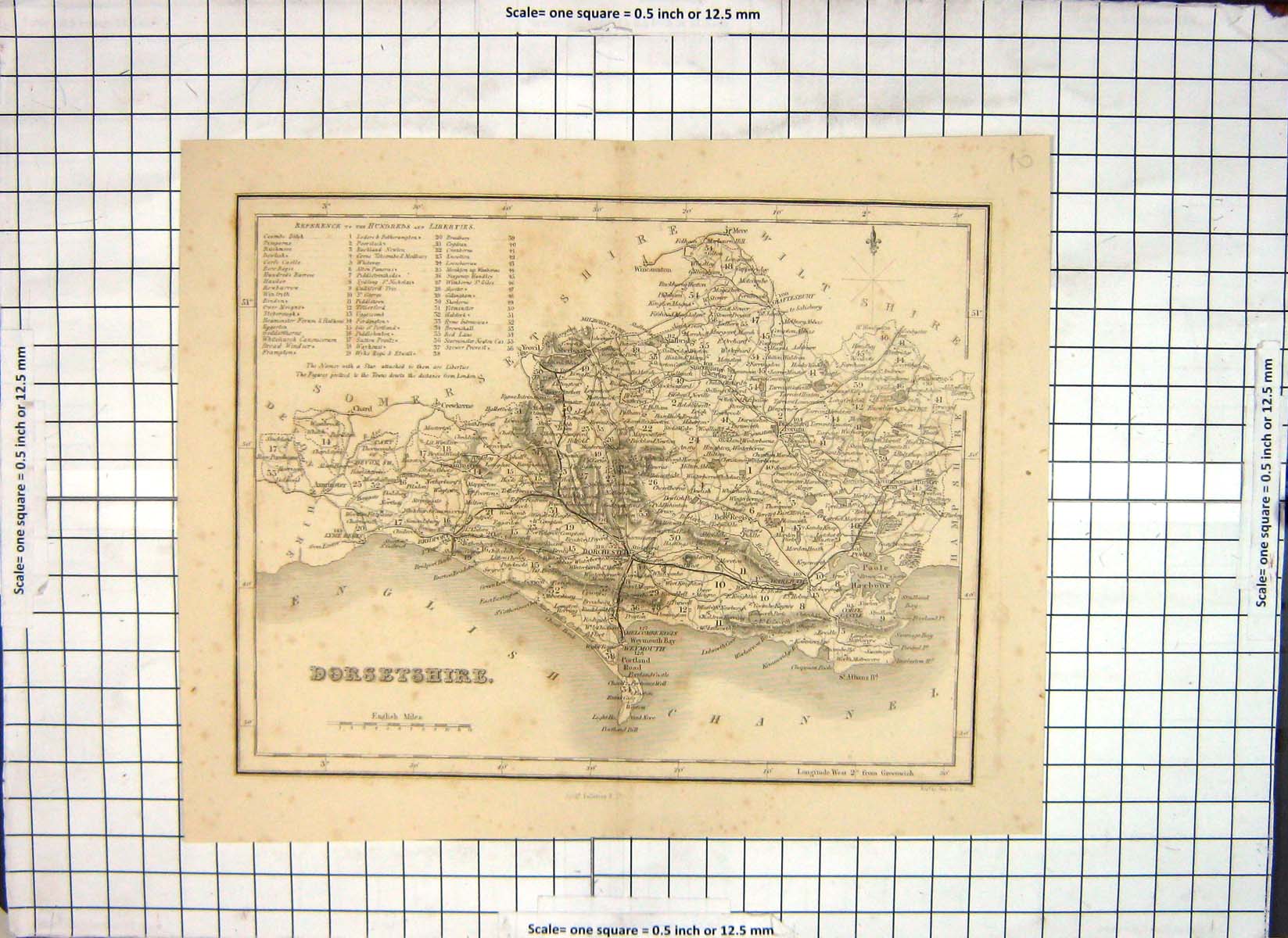 Old Antique Print Map Dorsetshire England Dorchester Weymouth Lyme Regis