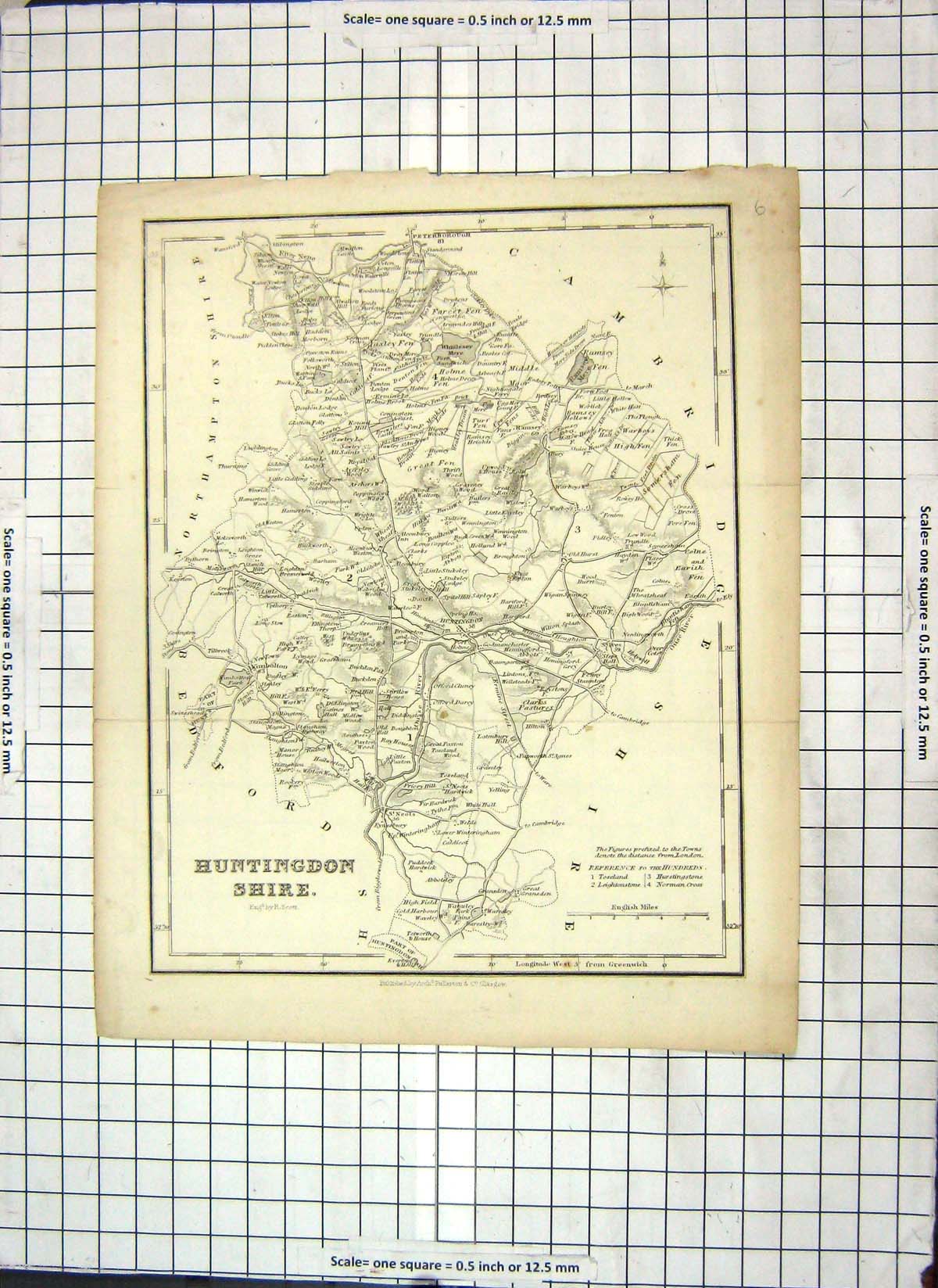 Original Old Antique Print Map Huntingdonshire England Peterborough Kimbolton