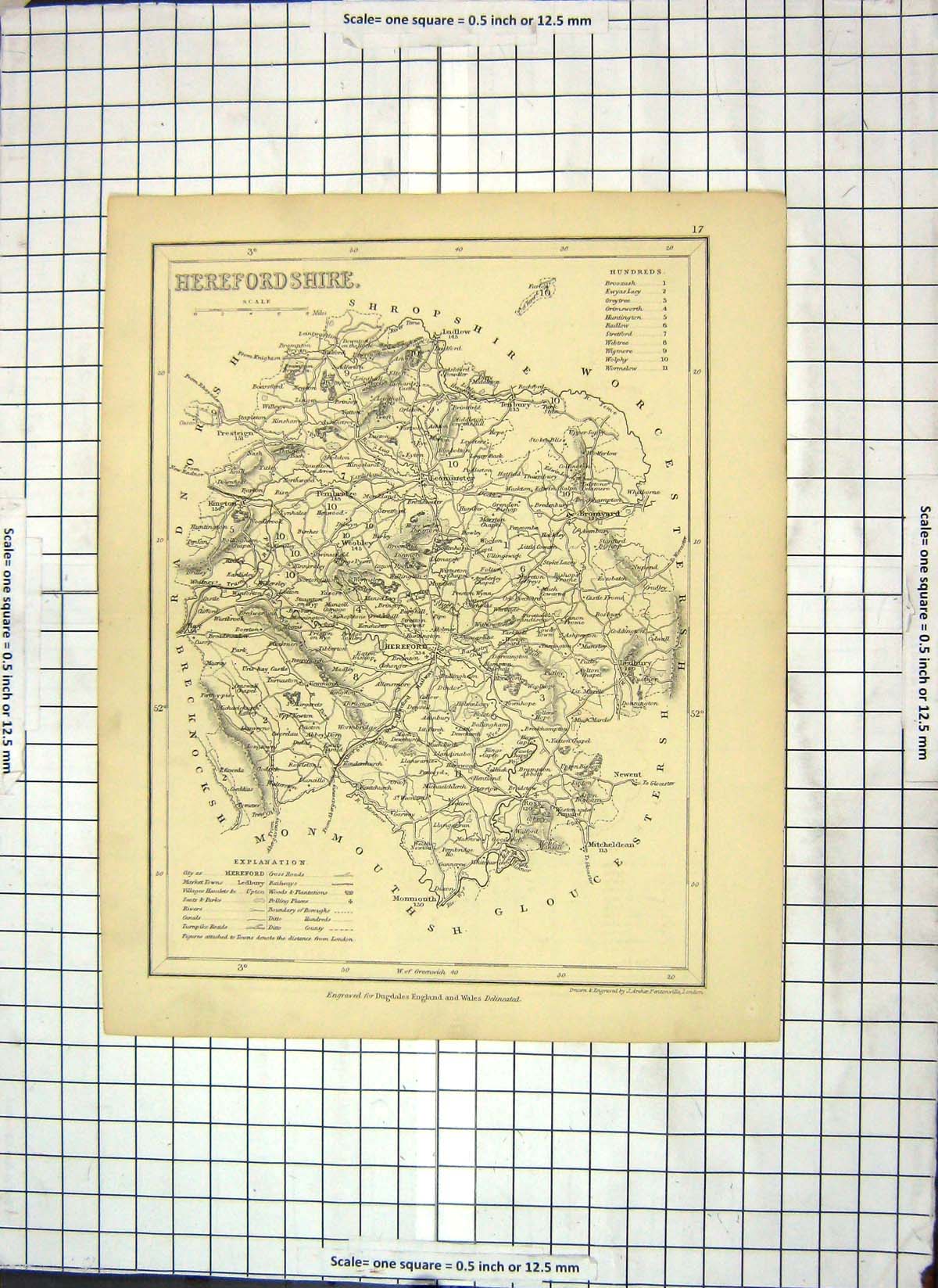 Original Old Antique Print Map Herefordshire England Hereford Bromyard