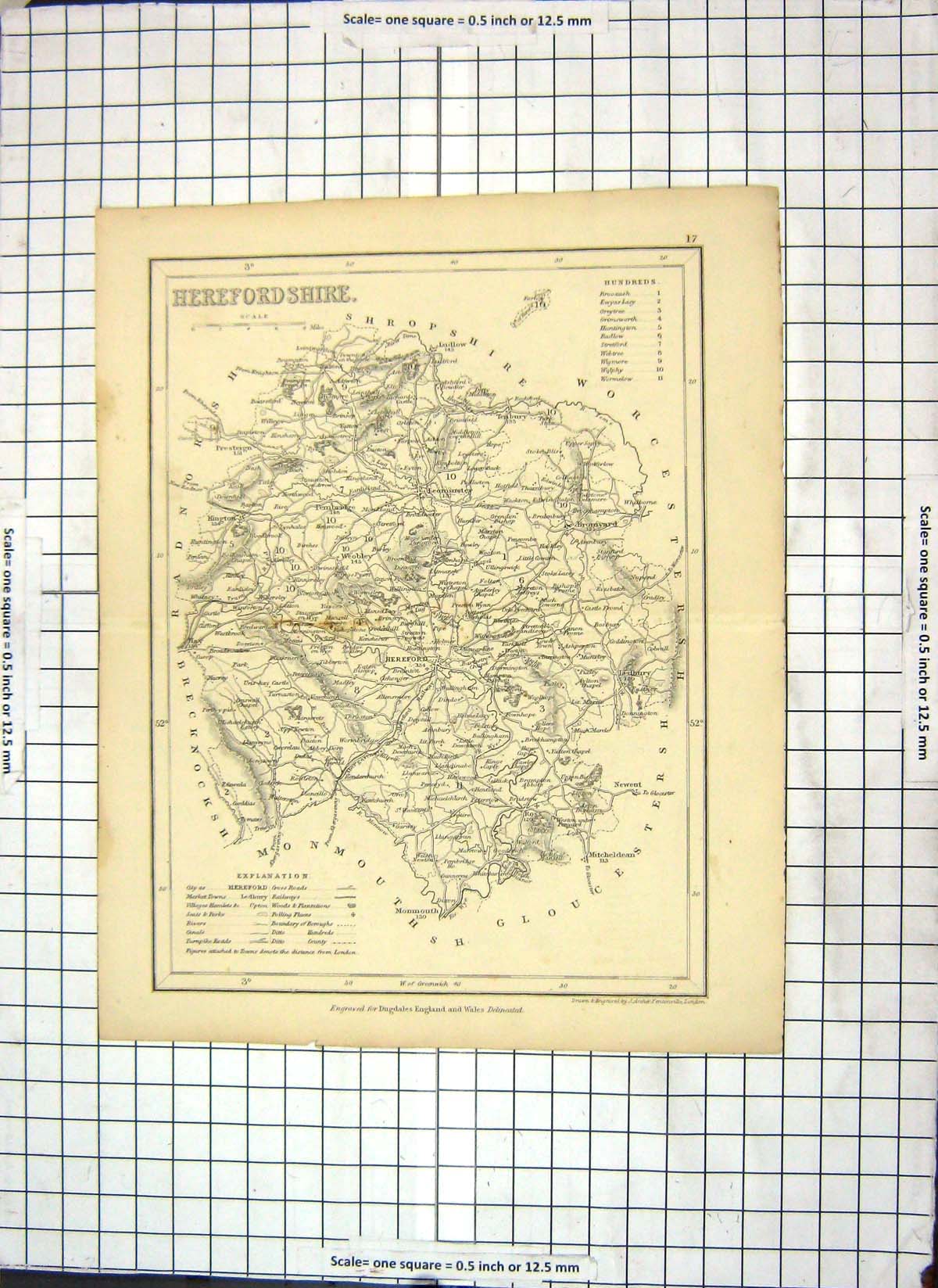 Antique Old Print *6056 Map Dugdales Herefordshire England Hereford Bromyard