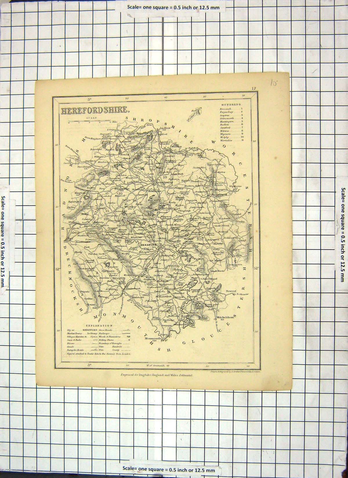 Original Old Antique Print Map Dugdales Herefordshire England Hereford Bromyard