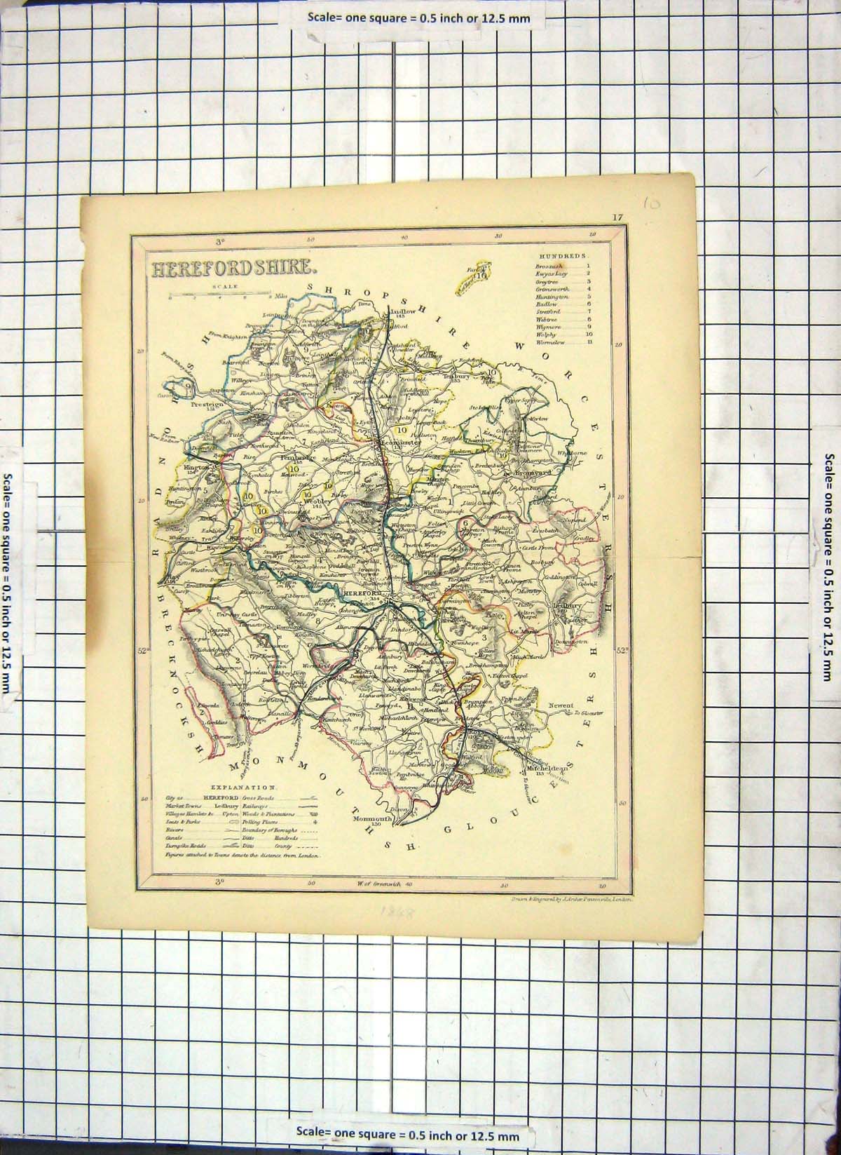 Original Old Antique Print Map 1848 Herefordshire Hereford Bromyard Pembridge
