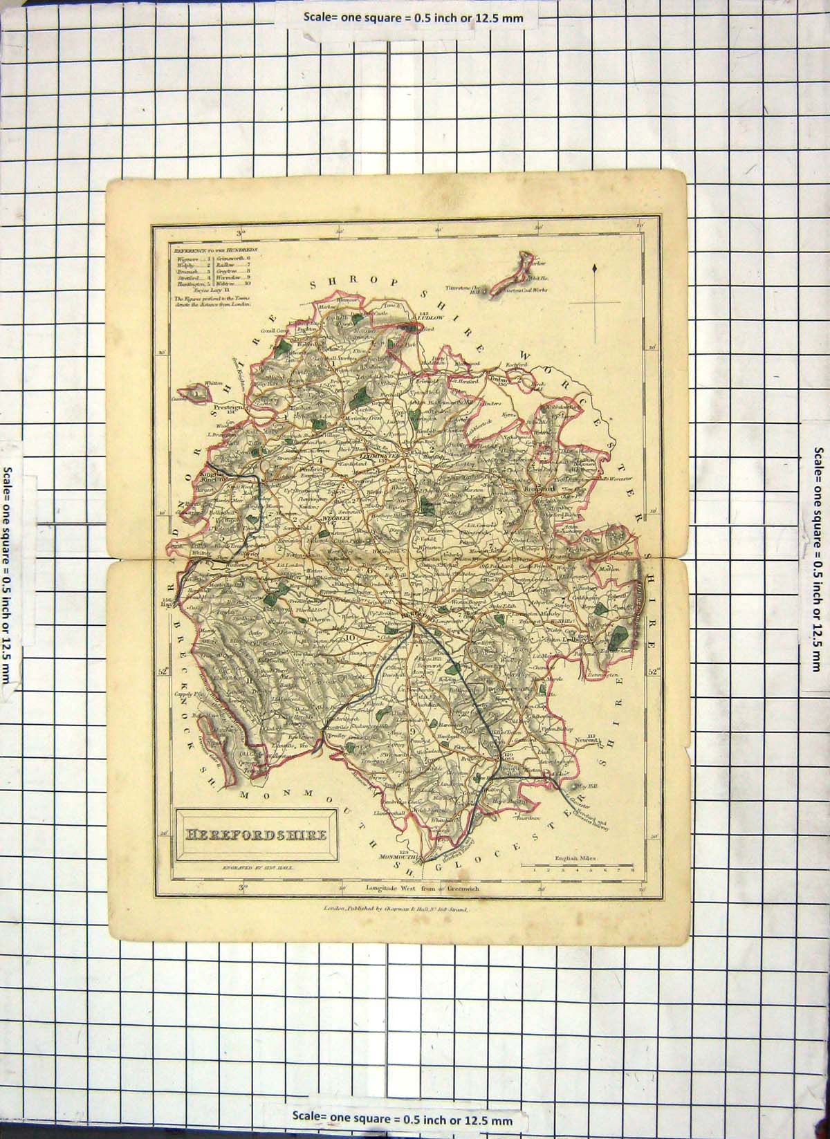 Original Old Antique Print Map Herefordshire England Hereford Newent Leominster