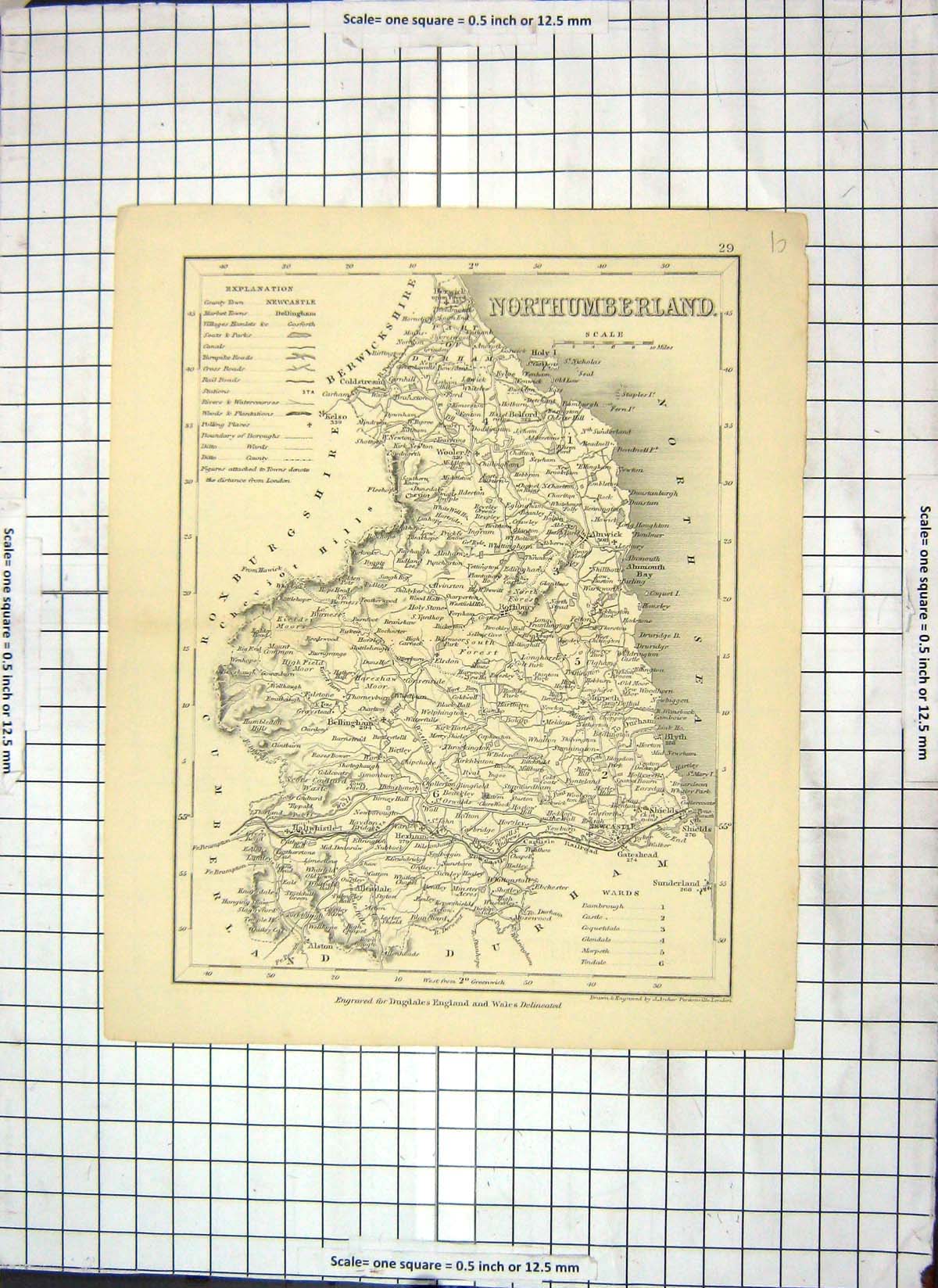 Antique Old Print Map Northumberland England Haltwhislte Berwick Upon Tweed