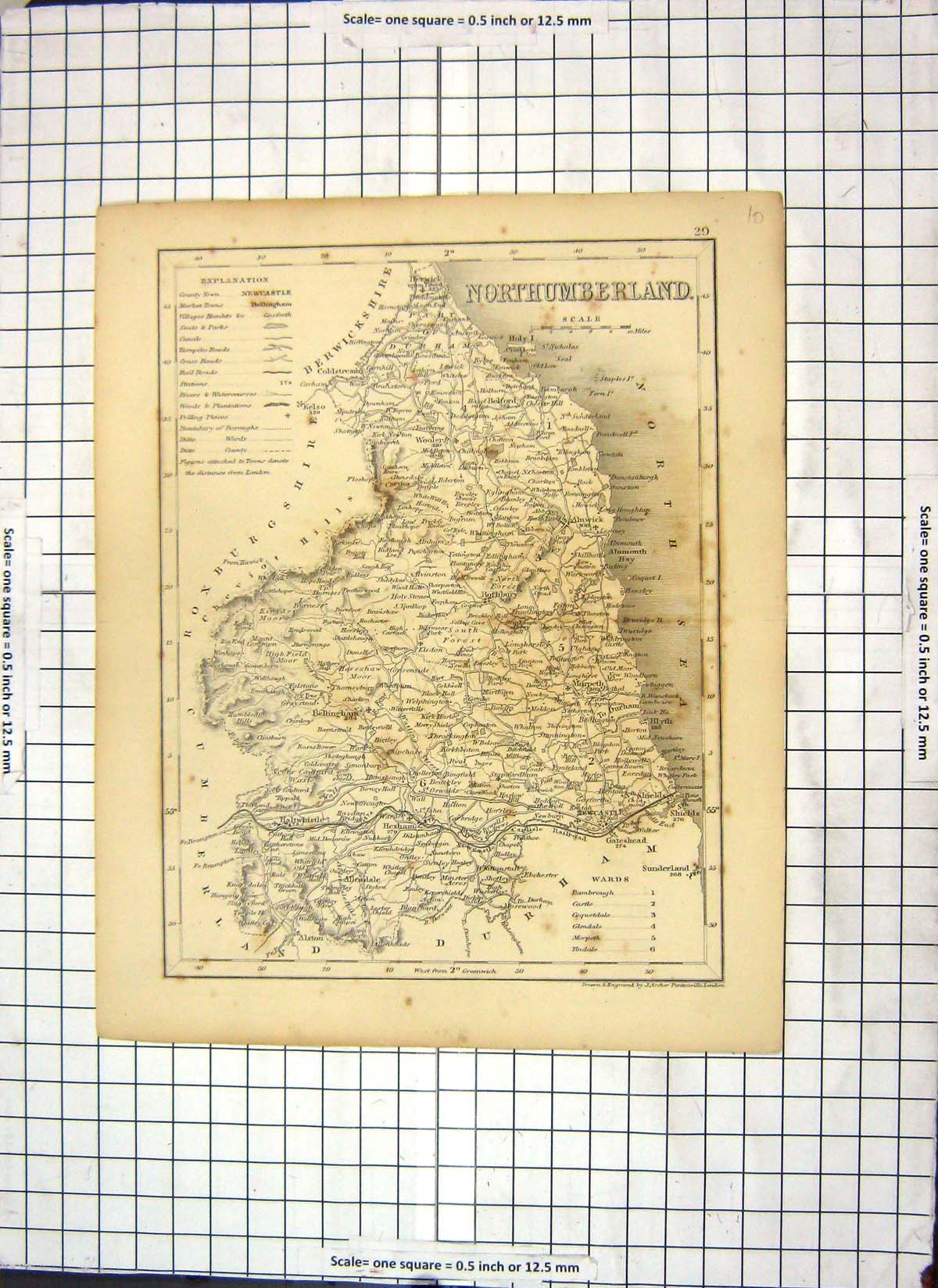 Old Antique Print Map Northumberland England Haltwhistle Berwick Durham