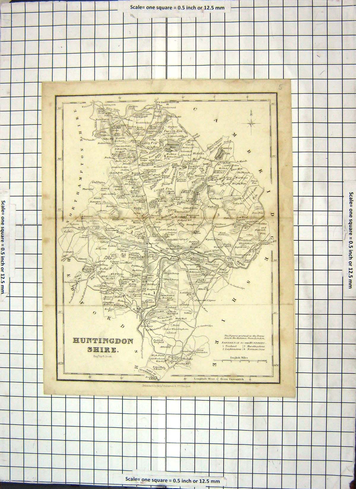 Antique Old Print Scott Map Huntingdonshire Huntgindon England Peterborough
