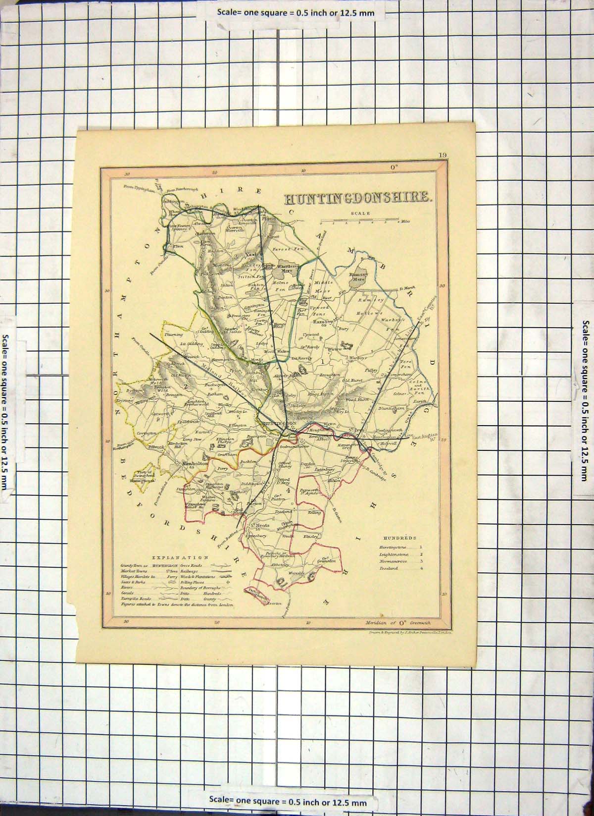 Old Antique Print Map Huntingdonshire England Huntingdon Kimbolton Archer