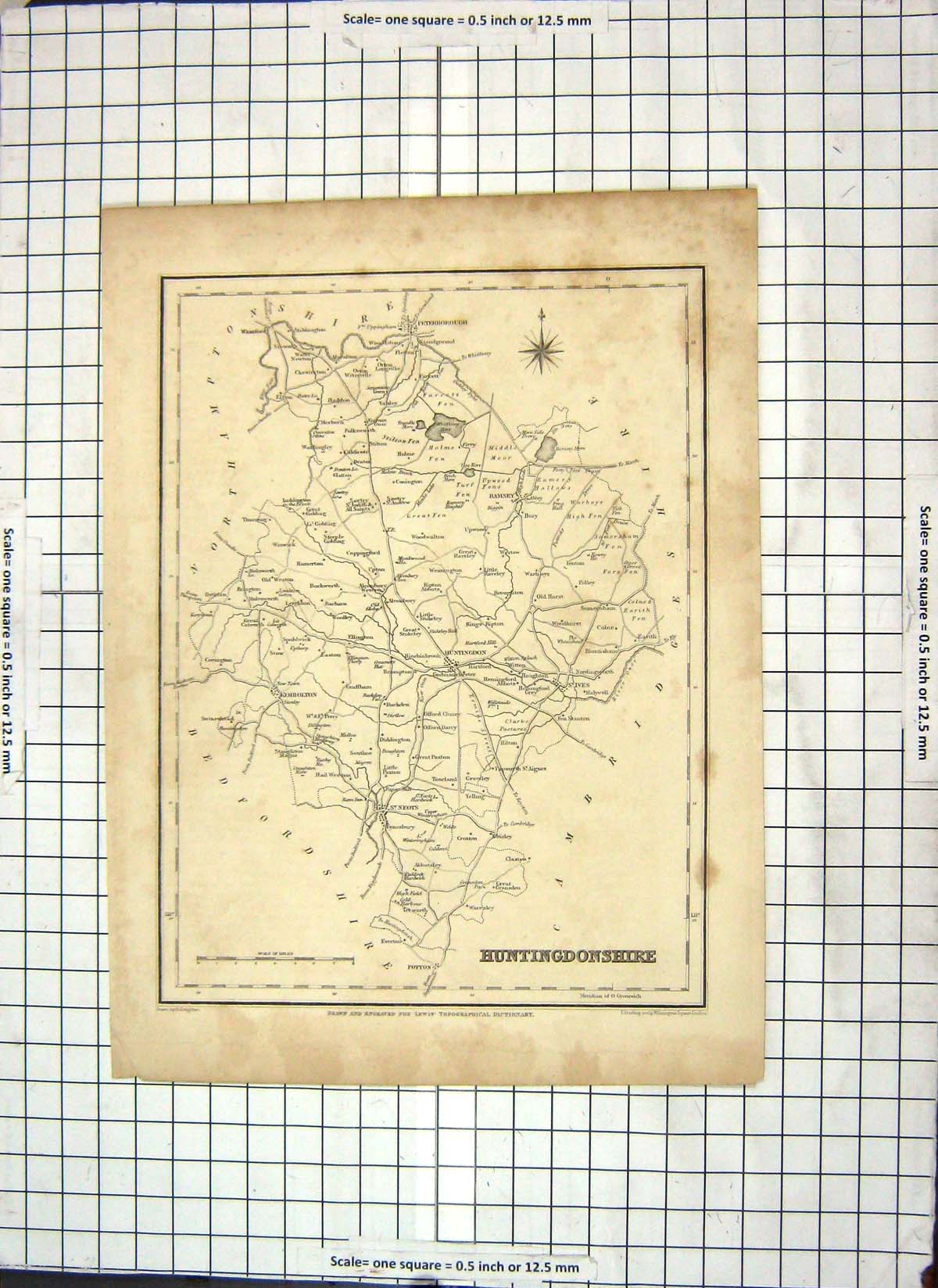 Antique Old Print Map Huntingdonshire England Neots Peterborough Huntingdon